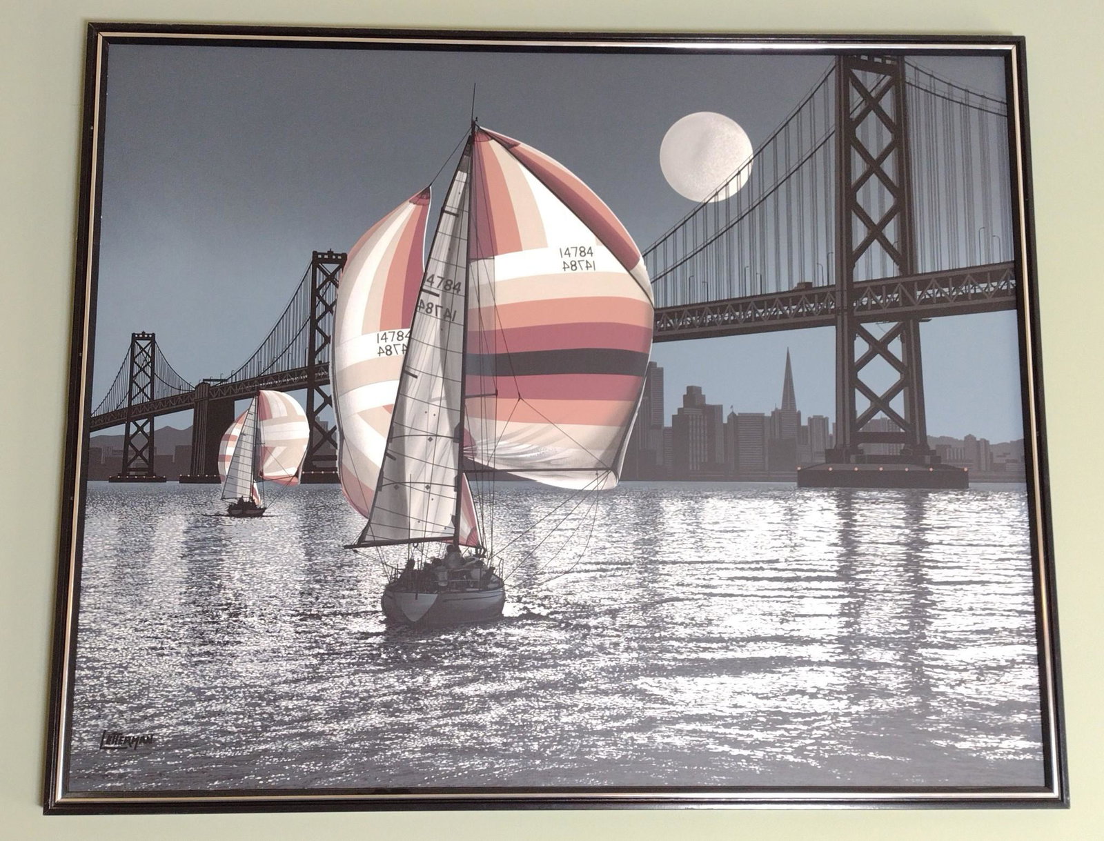 Letterman Sail Boat Painting: Overall with frame 50" high x 62" high. MG. IMPORTANT: Before bidding, please read the terms and conditions. When you registered for the auction you agreed to these terms and will be required to compl