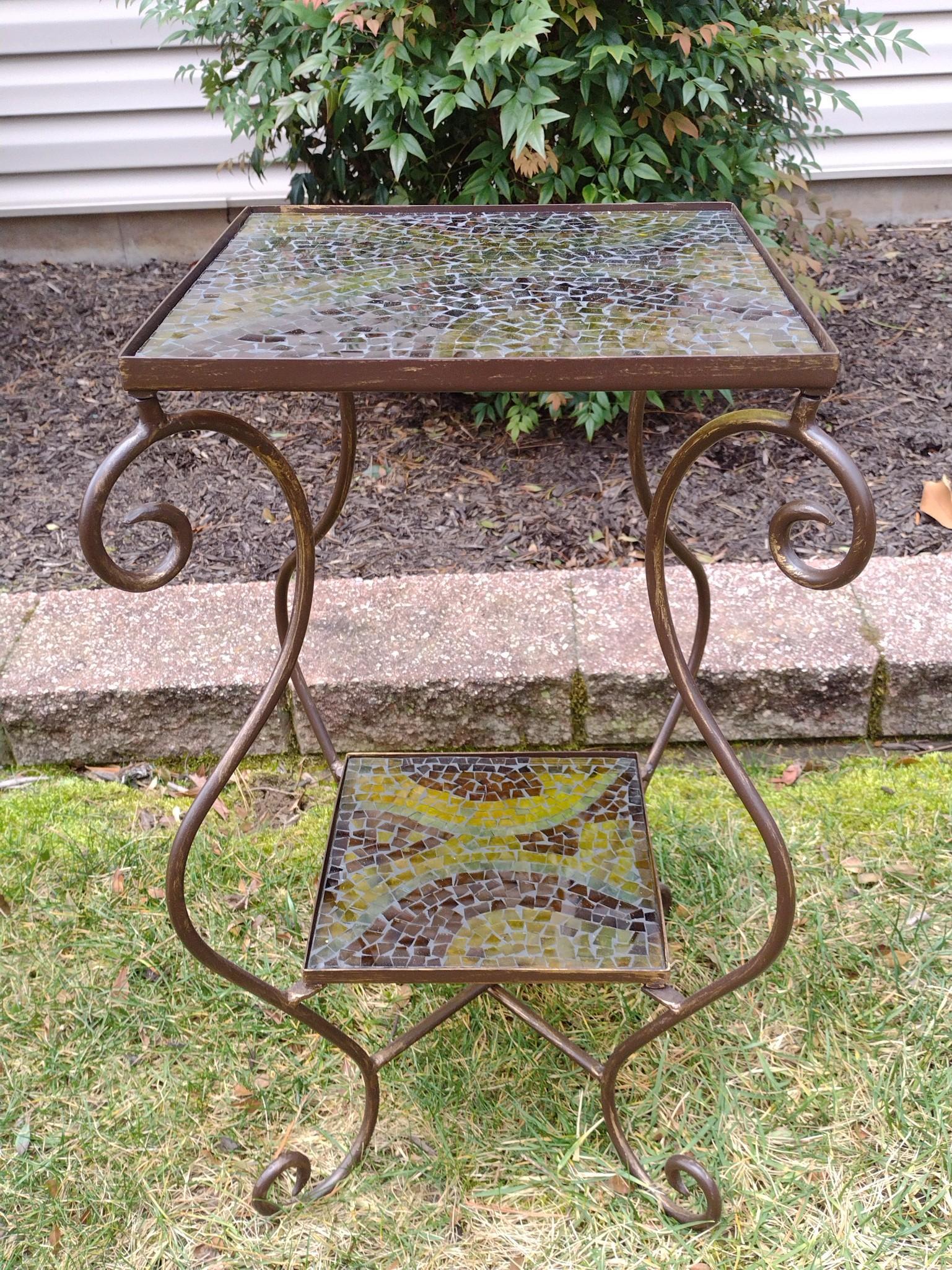 Mosaic Glass Top Table: 13-1/2" wide X 13-1/2" deep X 23-1/2" high. No manufactures name found. MG. IMPORTANT: Before bidding, please read the terms and conditions. When you registered for the auction you agreed to these ter