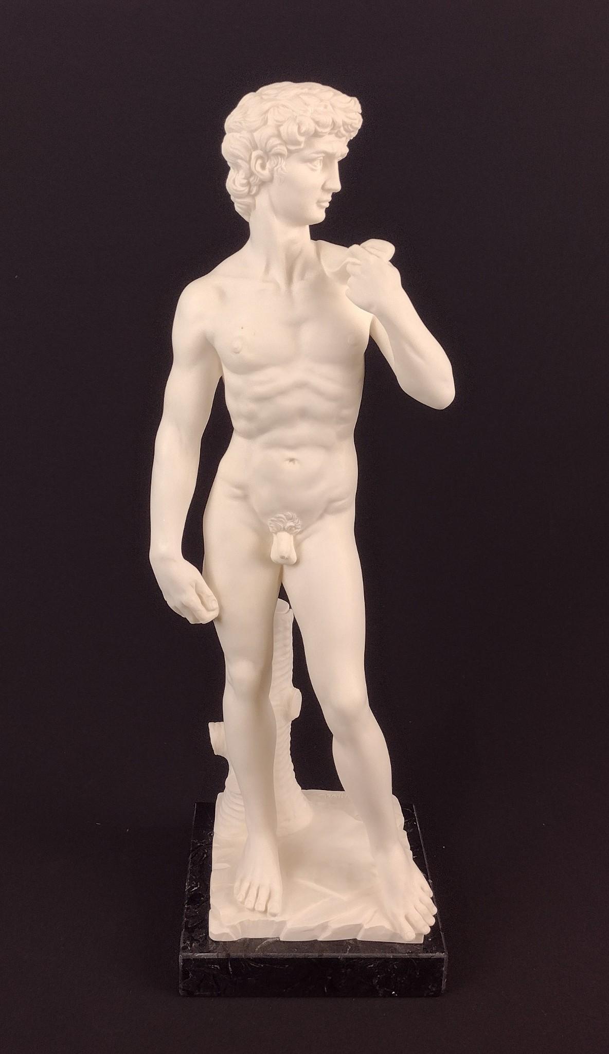 Gino Ruggeri's "David" Eleganza Sculpture: Made of resin and marble dust. 6" wide X 6" deep X 19-1/2" high. MEG IMPORTANT: Before bidding, please read the terms and conditions. When you registered for the auction you agreed to these terms and 