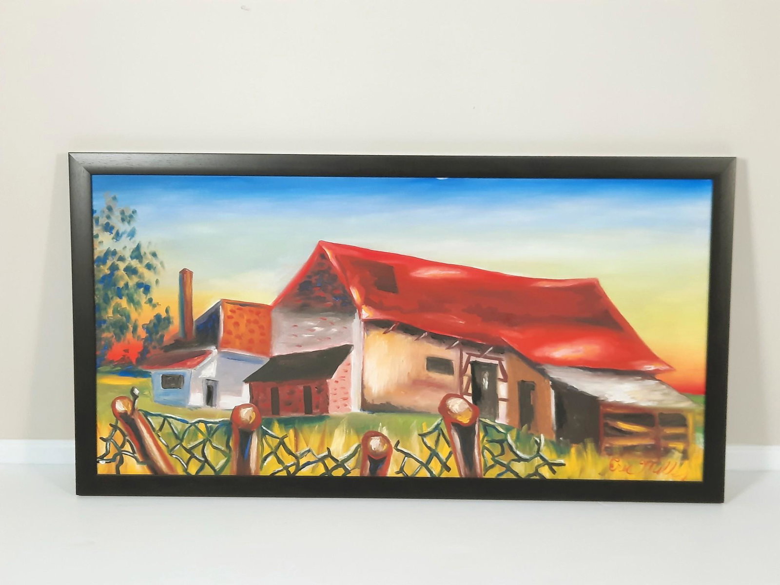Eric Miller Landscape Painting: Philadelphia, PA artist. Eric has exhibited his paintings in Washington D.C., Pittsburgh, Philadelphia, Berlin, Paris, and Lisbon. Overall with frame 27" high x 51" wide. LR IMPORTANT: Before bidding,