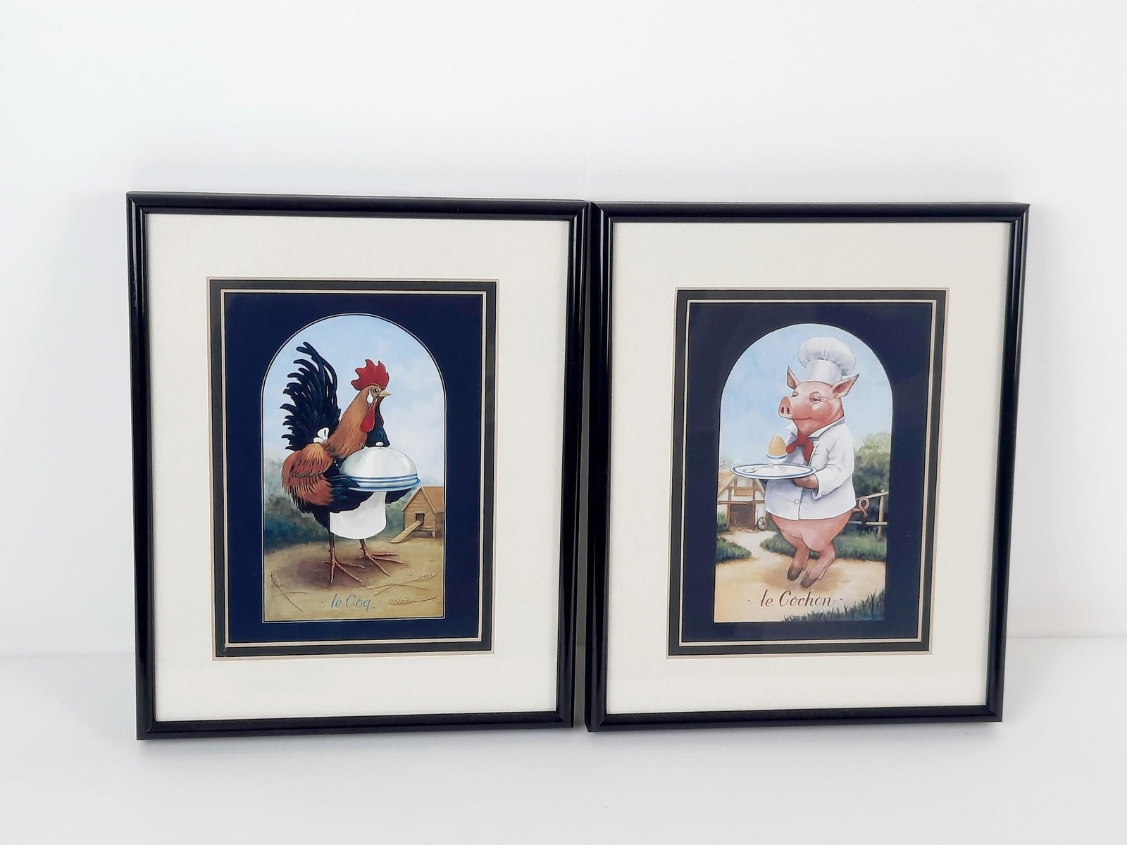 Le Coq and Le Cochon Animal Cook and Waiter Prints: Each overall with frame 10-1/4" high x 8-1/4" wide. LR IMPORTANT: Before bidding, please read the terms and conditions. When you registered for the auction you agreed to these terms and will be requir