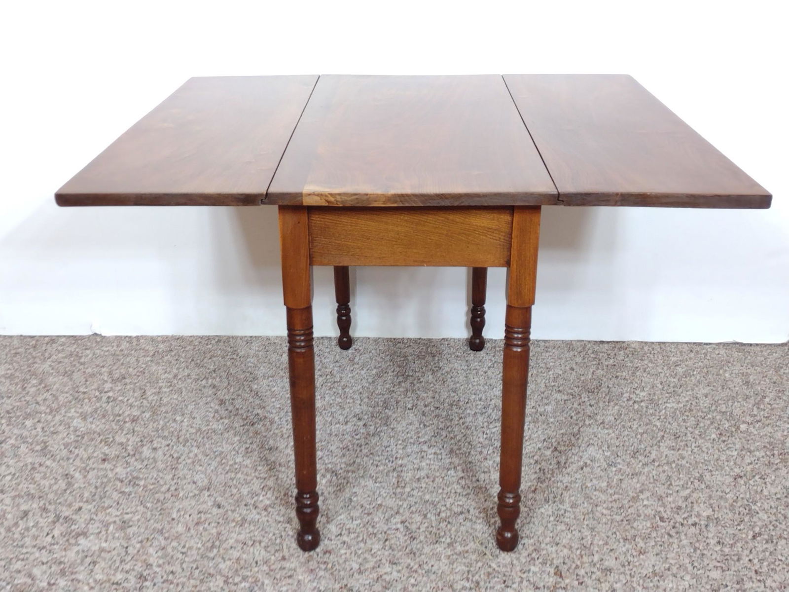 Drop Leaf Table: Open 43", closed 19-1/4" wide X 38-1/2" deep X 43" high. MG. IMPORTANT: Before bidding, please read the terms and conditions. When you registered for the auction you agreed to these terms and will be