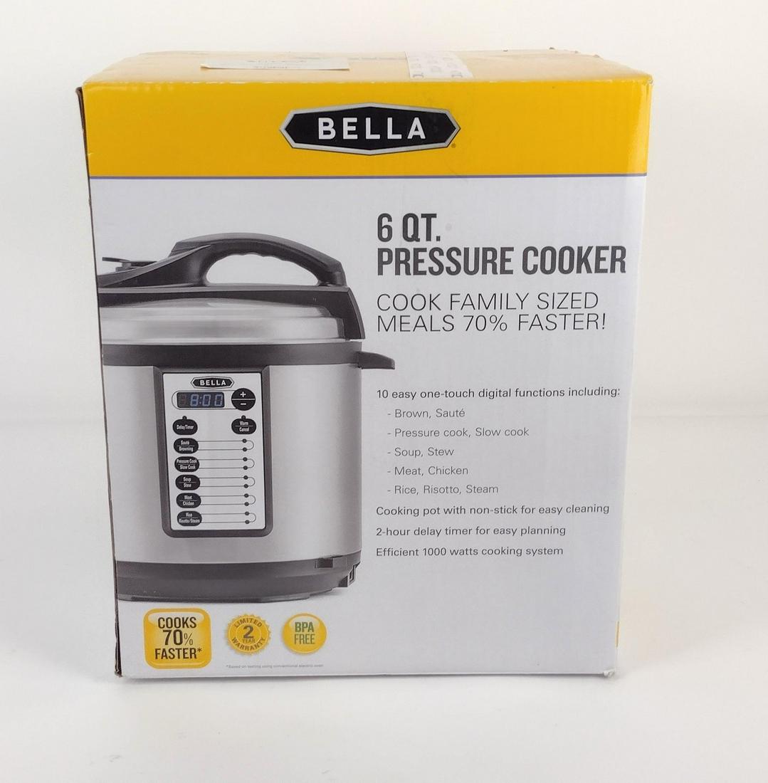 Bella Pressure Cooker: Model number 60B23G. Box: 12-1/2" wide X 15" high. MEG IMPORTANT: Before bidding, please read the terms and conditions. When you registered for the auction you agreed to these terms and will be requir