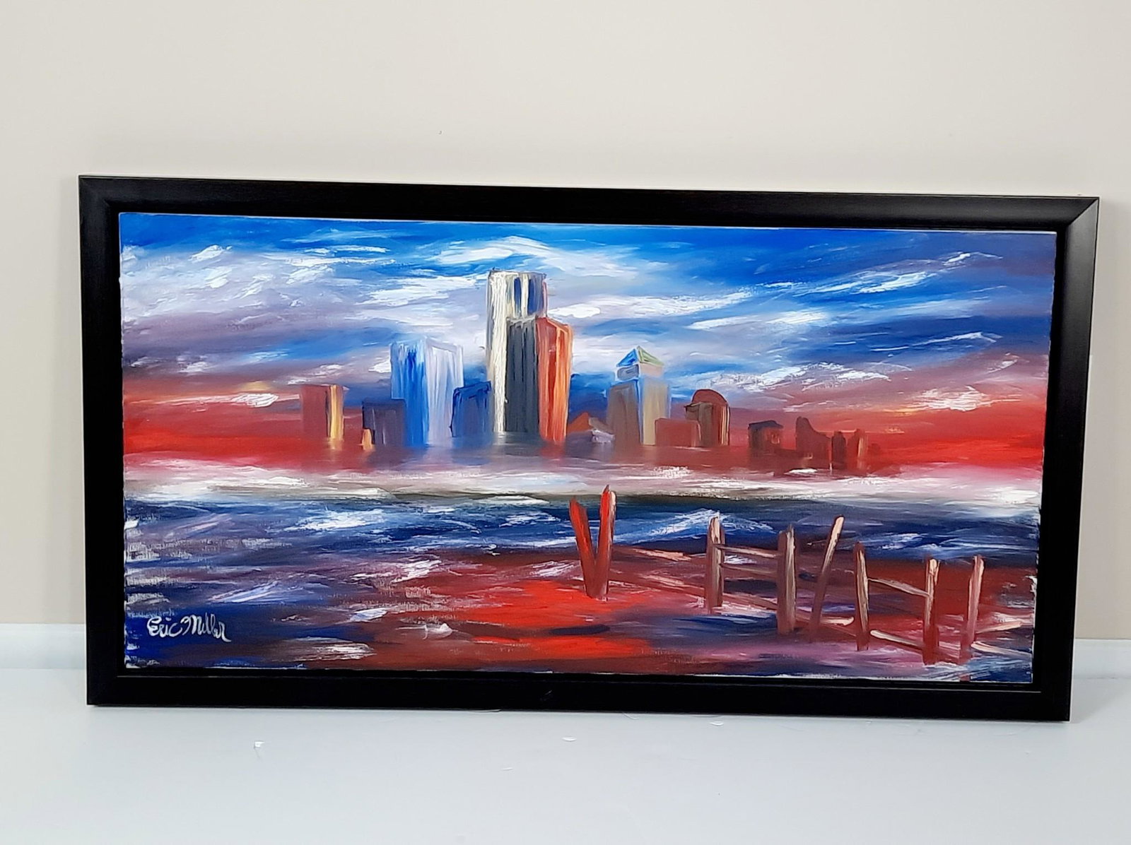 Eric Miller Vibrant Landscape Painting: Philadelphia, PA artist. Eric has exhibited his paintings in Washington D.C., Pittsburgh, Philadelphia, Berlin, Paris, and Lisbon. Overall with frame 28" high x 52" wide. LR IMPORTANT: Before bidding,