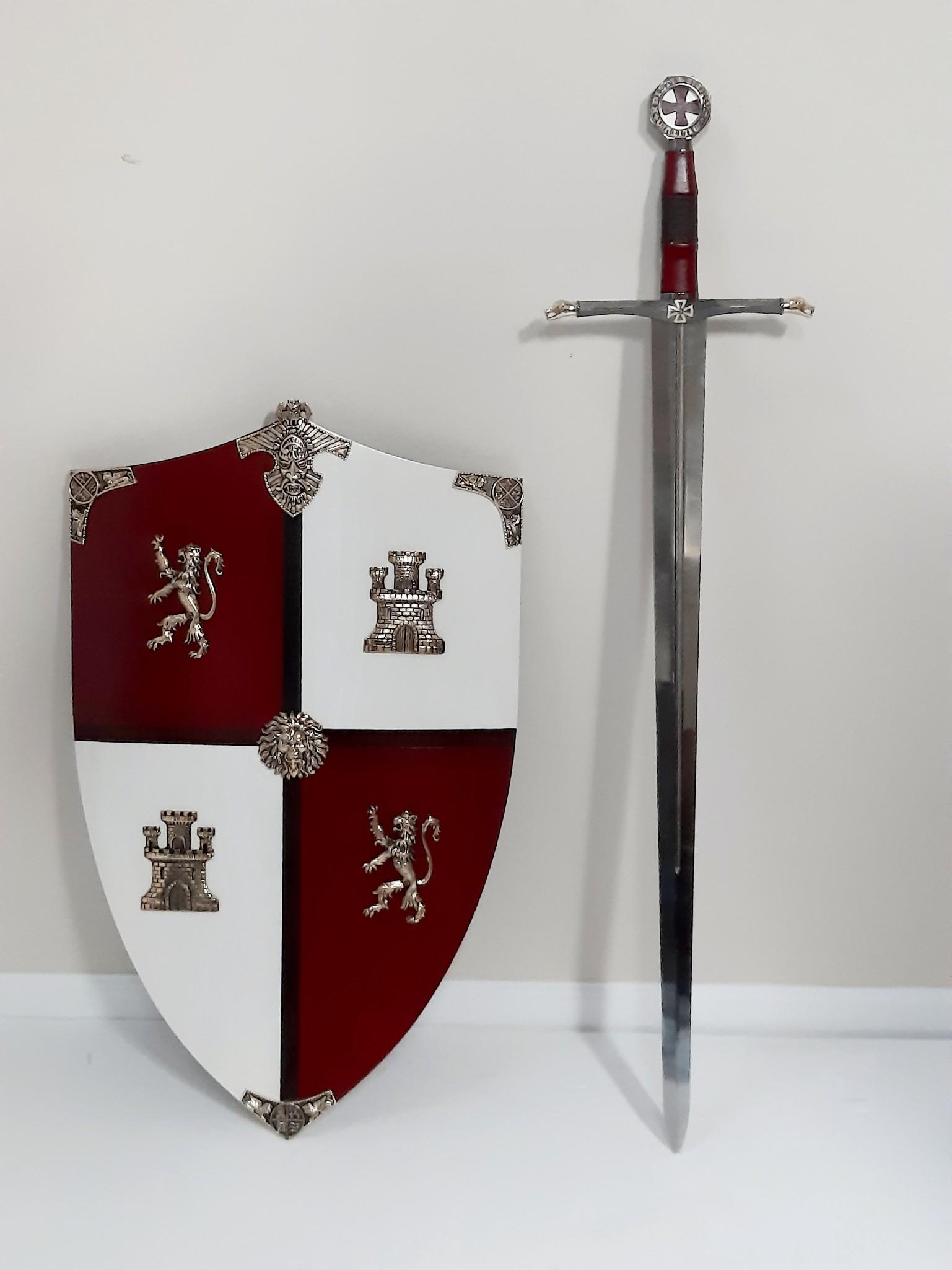 Shield of El Cid and Reproduction Templar Sword: Wood shield: 19" wide x 29-1/2" high. Sword marked Toledo. 42-1/2" long. LR IMPORTANT: Before bidding, please read the terms and conditions. When you registered for the auction you agreed to these ter