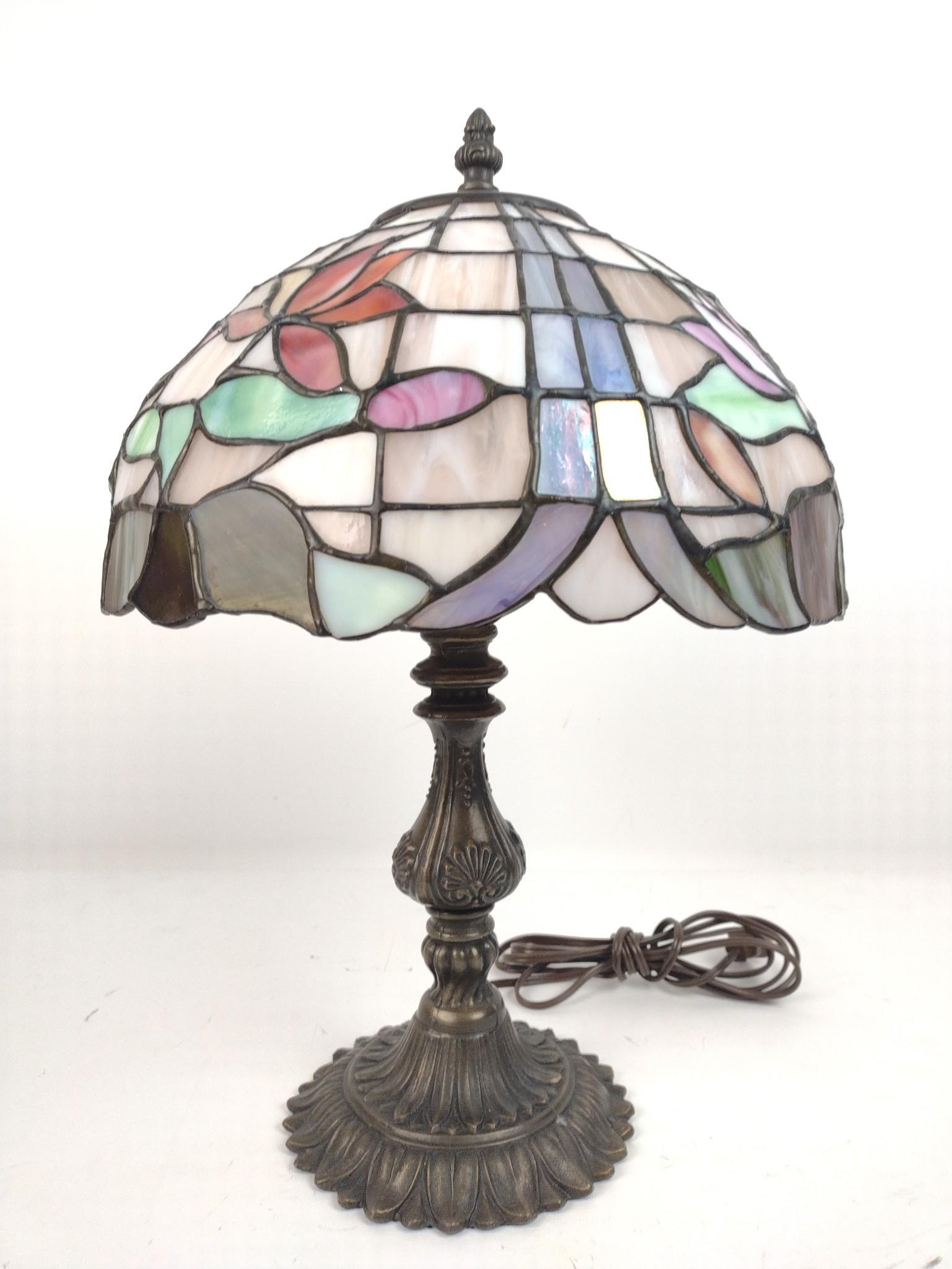 Tiffany Style Lamp: Working. Acrylic shade. 12" diameter x 17" high. JB IMPORTANT: Before bidding, please read the terms and conditions. When you registered for the auction you agreed to these terms and will be required 