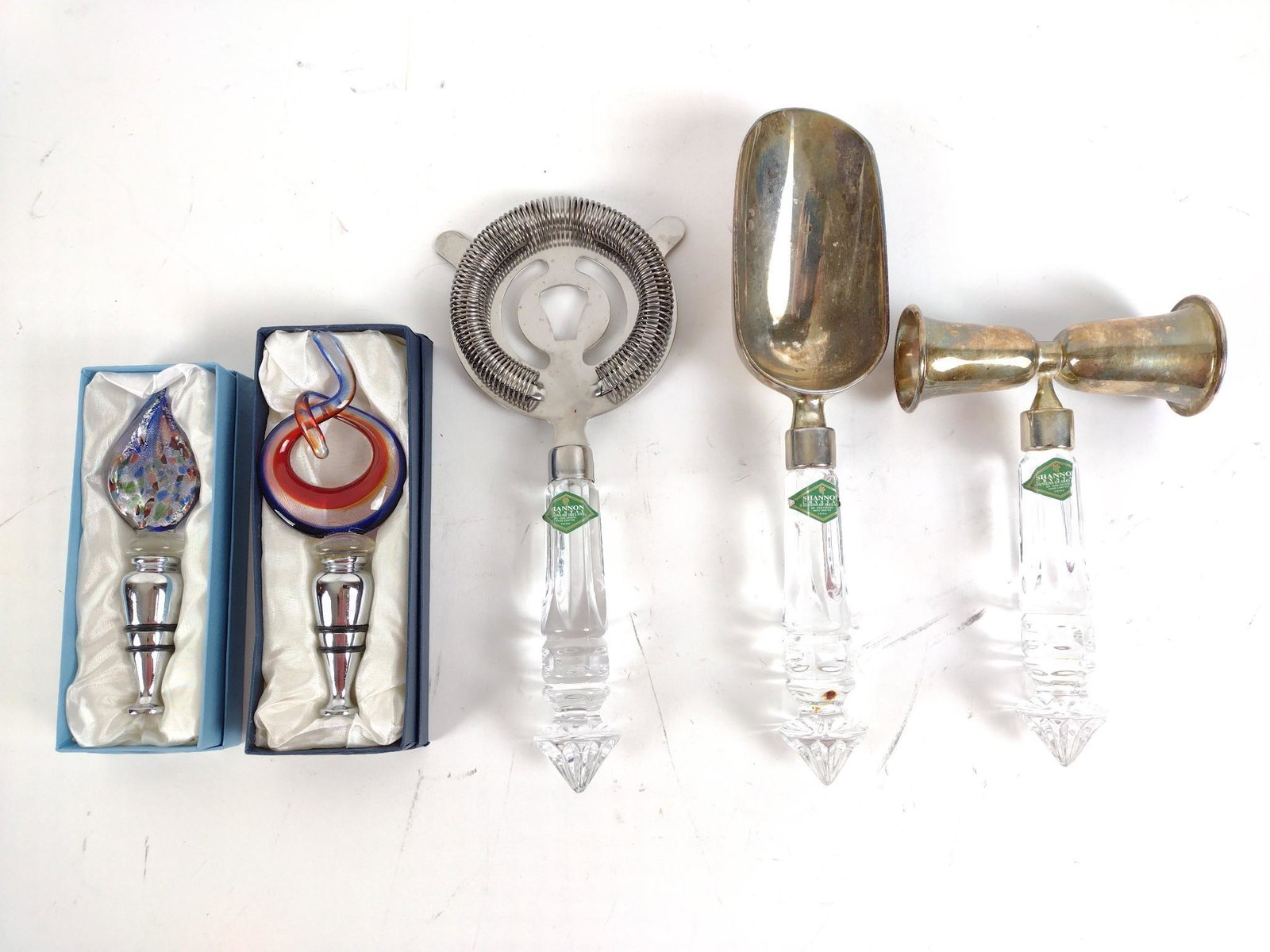 3 Pcs Shannon Crystal Barware & 2 Art Glass Stoppers: 5" to 10" long. JB IMPORTANT: Before bidding, please read the terms and conditions. When you registered for the auction you agreed to these terms and will be required to comply with them.