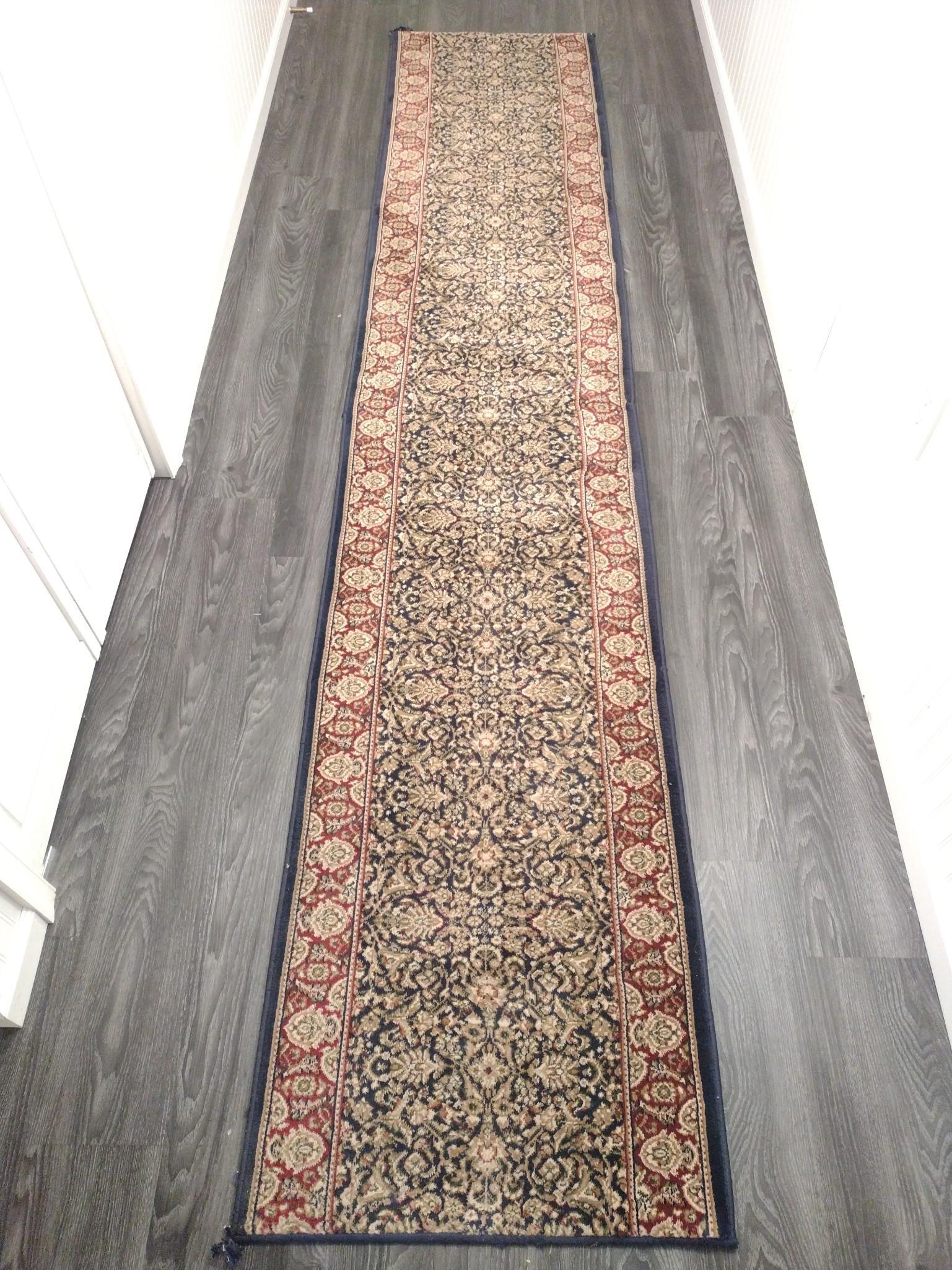 11' Runner: 11'1" long X 2'2" wide. No manufactures name found. MG. IMPORTANT: Before bidding, please read the terms and conditions. When you registered for the auction you agreed to these terms and will be requi