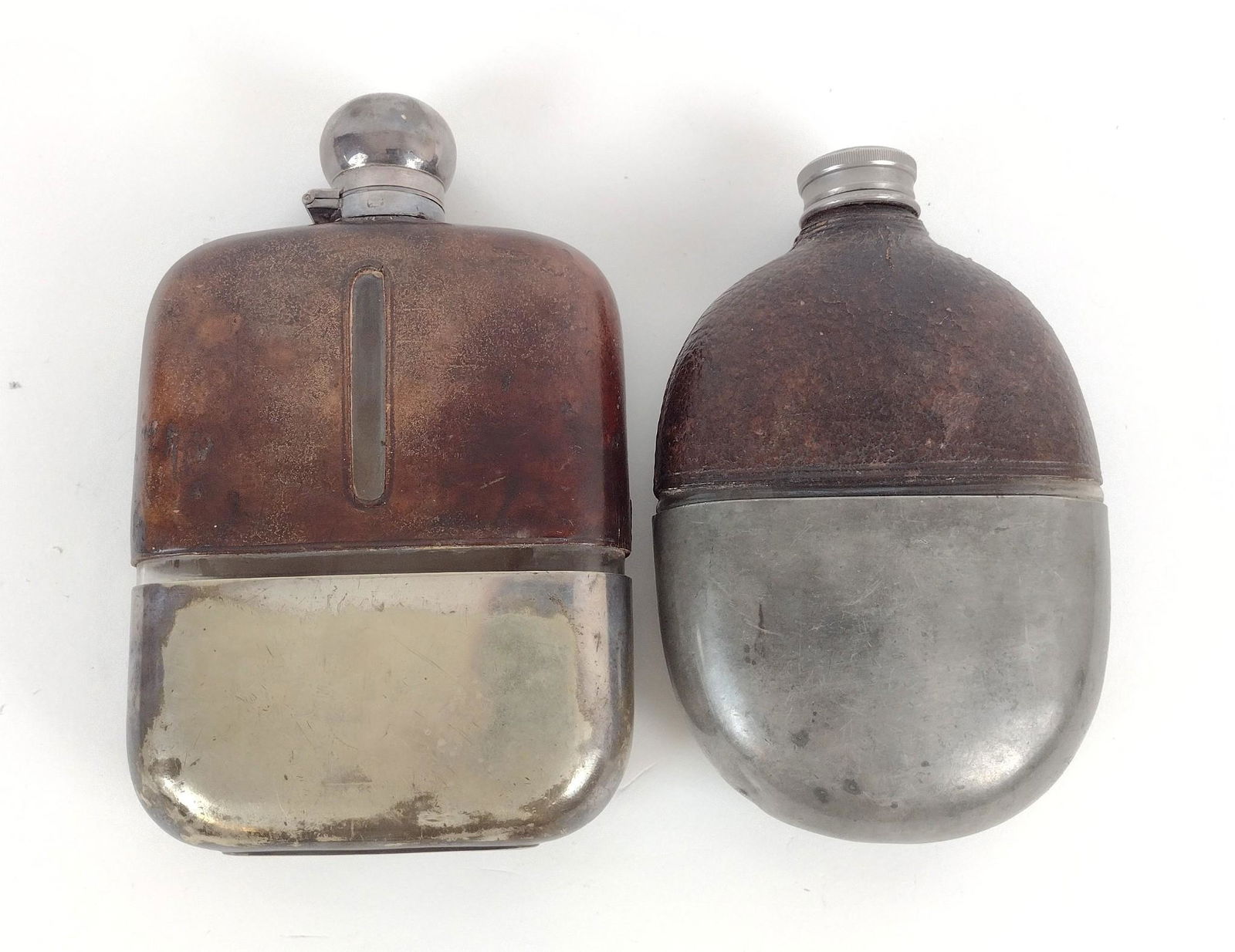2 Leather Wrapped Pewter Hip Flasks (1 of 6)