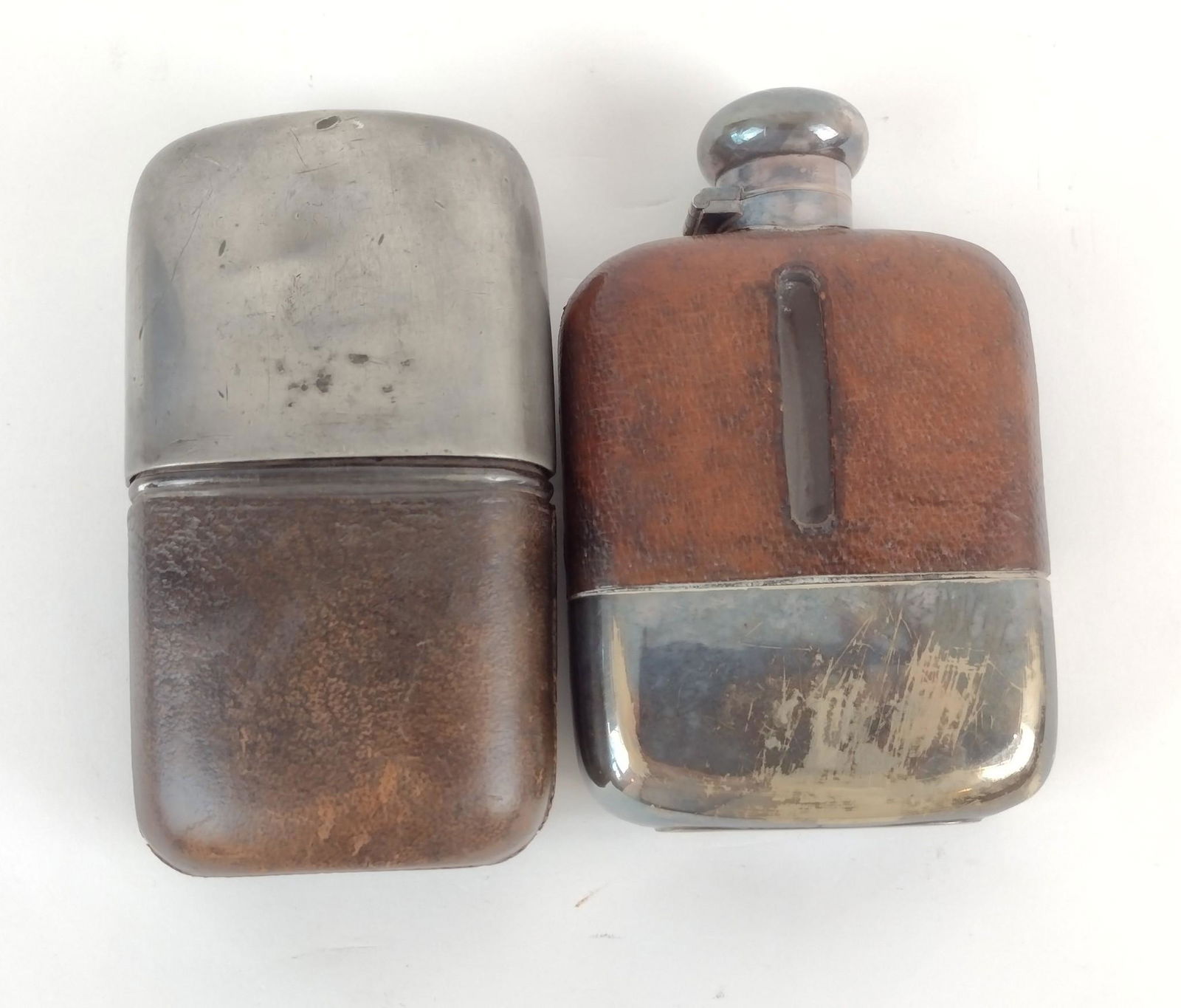 2 Leather Wrapped Pewter Hip Flasks incl James Dixon & Sons (1 of 5)