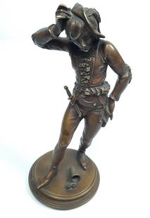 Alfred Barye Antique Bronze of a Gentleman With Dice: 5" diameter x 10-1/2" high. LR IMPORTANT: Before bidding, please read the terms and conditions. When you registered for the auction you agreed to these terms and will be required to comply with them.