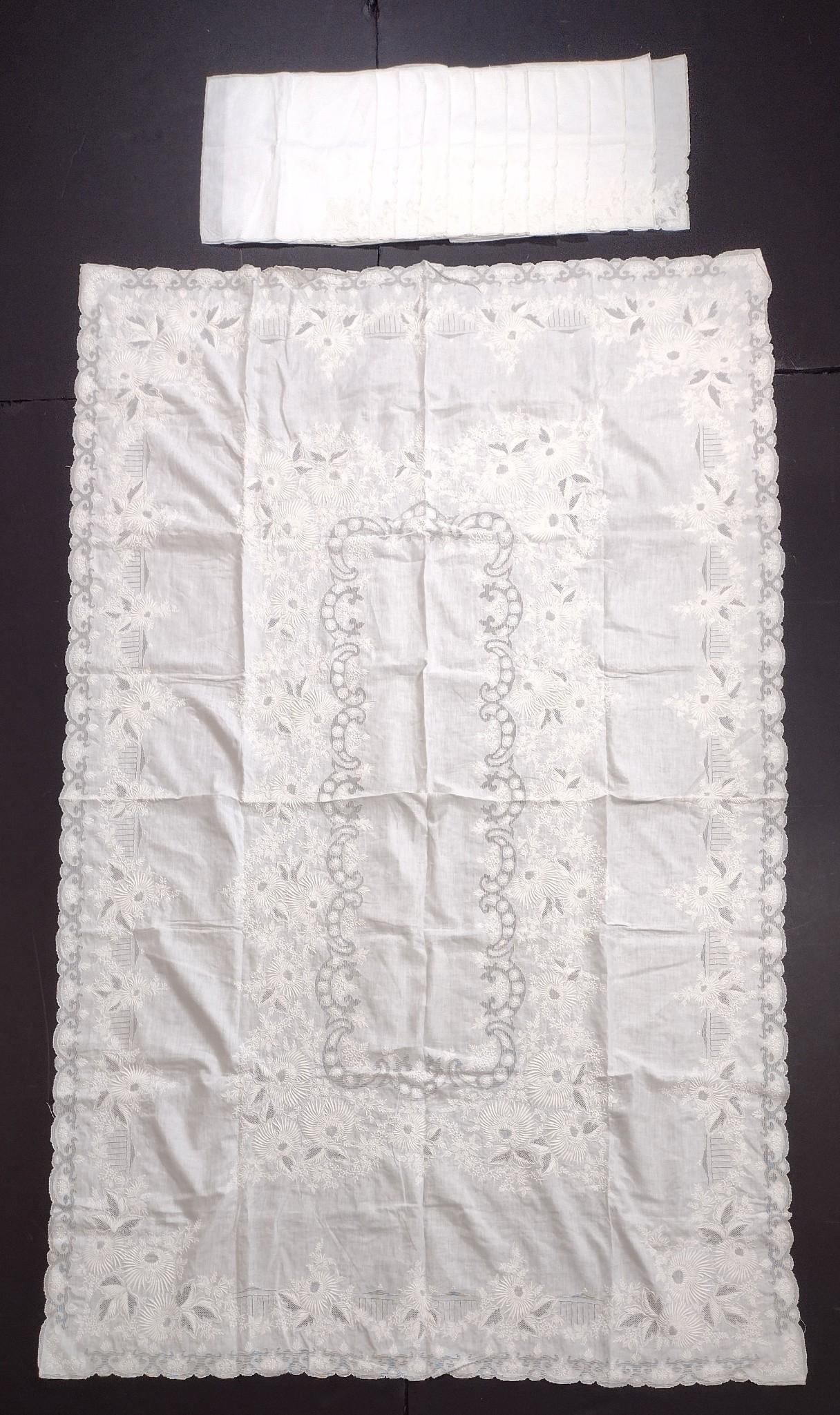 Tablecloth & Napkins: Tablecloth: 5'6" wide X 8'1" long. Napkins: 16" wide X 16-1/4" long. MEG IMPORTANT: Before bidding, please read the terms and conditions. When you registered for the auction you agreed to these terms