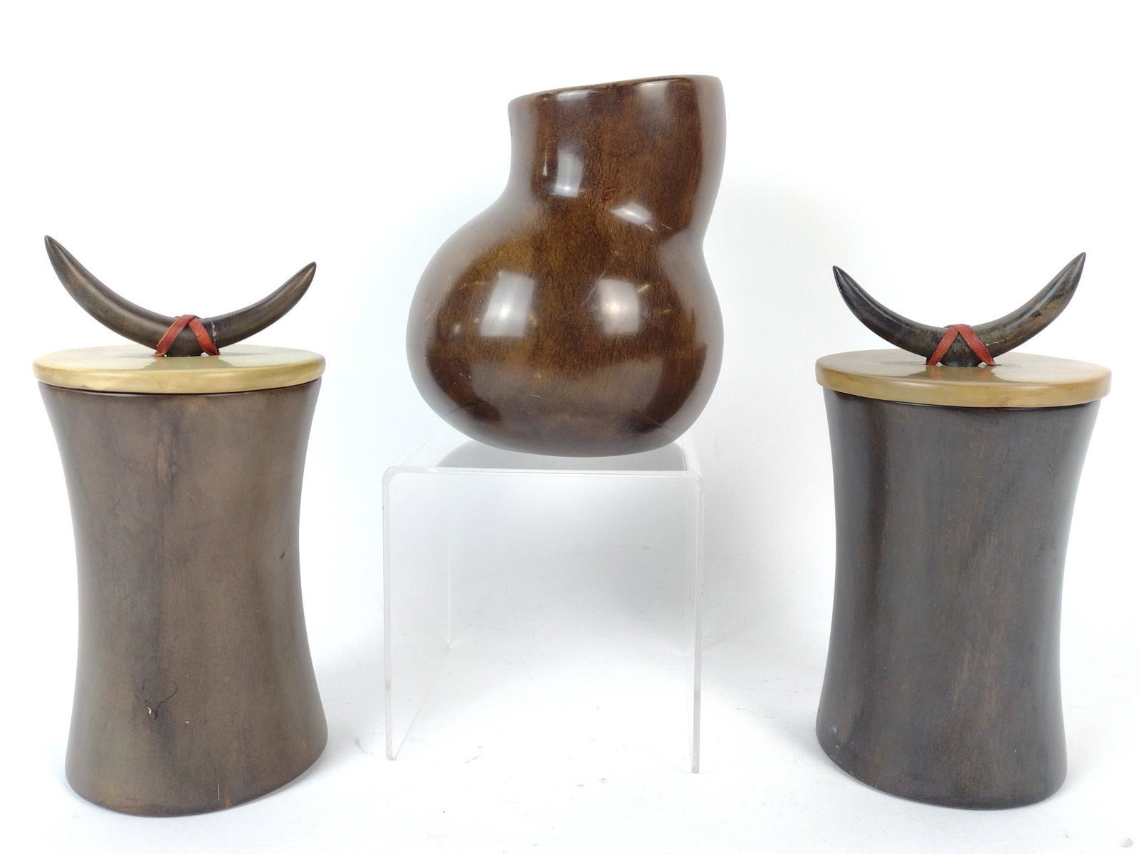 3 Kenyan Conical Boxes & Vase: Jars from Swahili imports. Conical Box With horn lid. 4" to 5-1/2" diameter X 6" to 8-1/2" high. MG. IMPORTANT: Before bidding, please read the terms and conditions. When you registered for the auctio