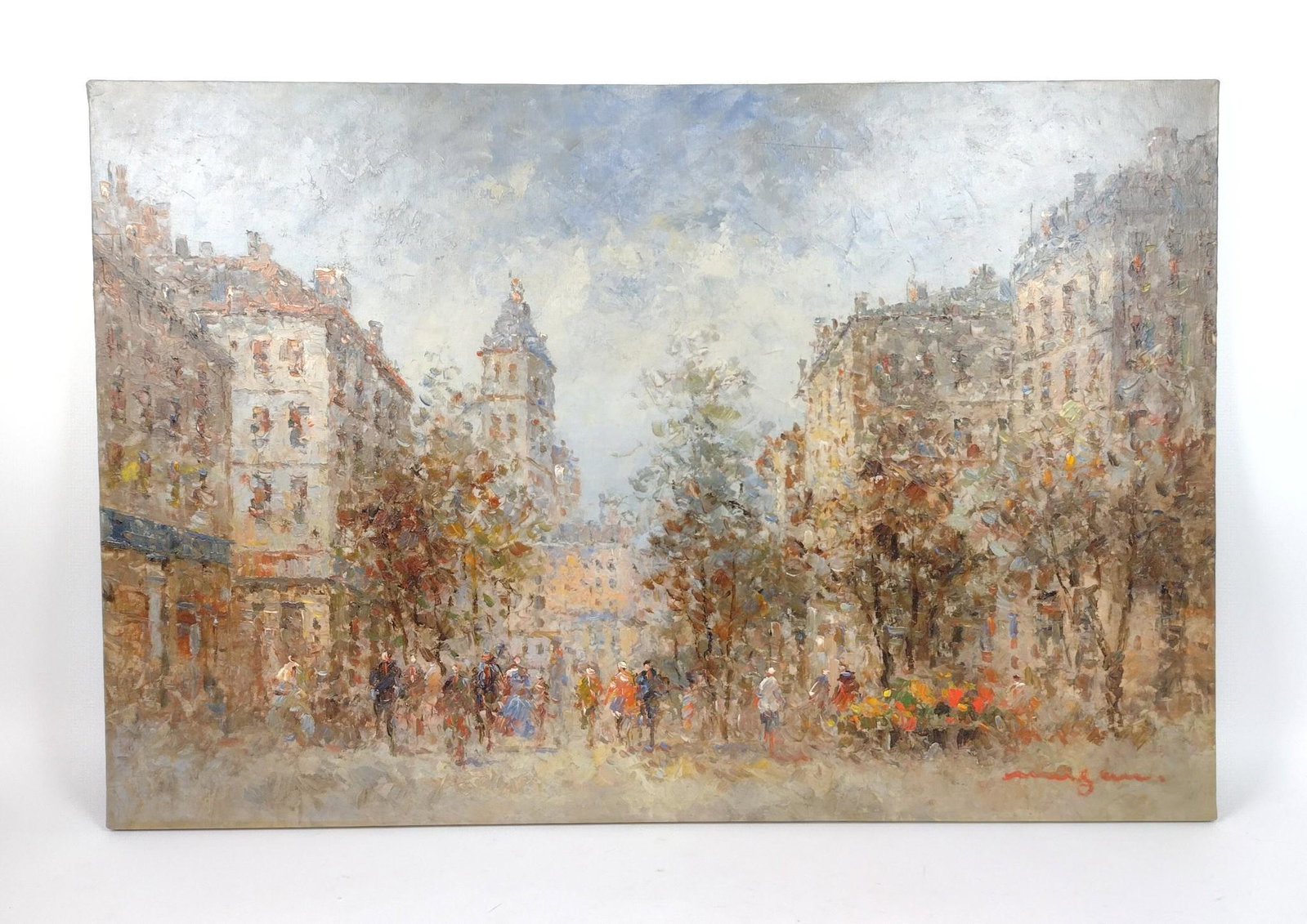 Signed Impressionist Street Scene Painting: Signature indecipherable. 36" wide X 24" high. MEG IMPORTANT: Before bidding, please read the terms and conditions. When you registered for the auction you agreed to these terms and will be required t