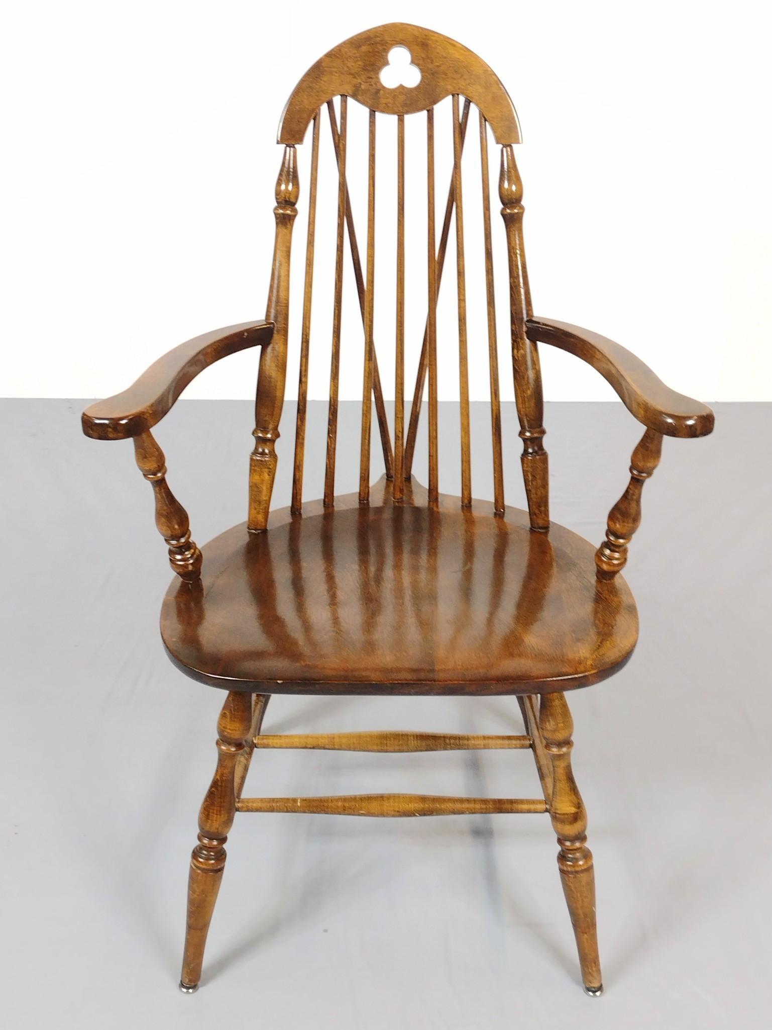 Windsor Arm Chair: 25-1/2" wide X 21" deep X 49-3/4" high. Has some scratches and finish loss. MG. IMPORTANT: Before bidding, please read the terms and conditions. When you registered for the auction you agreed to these