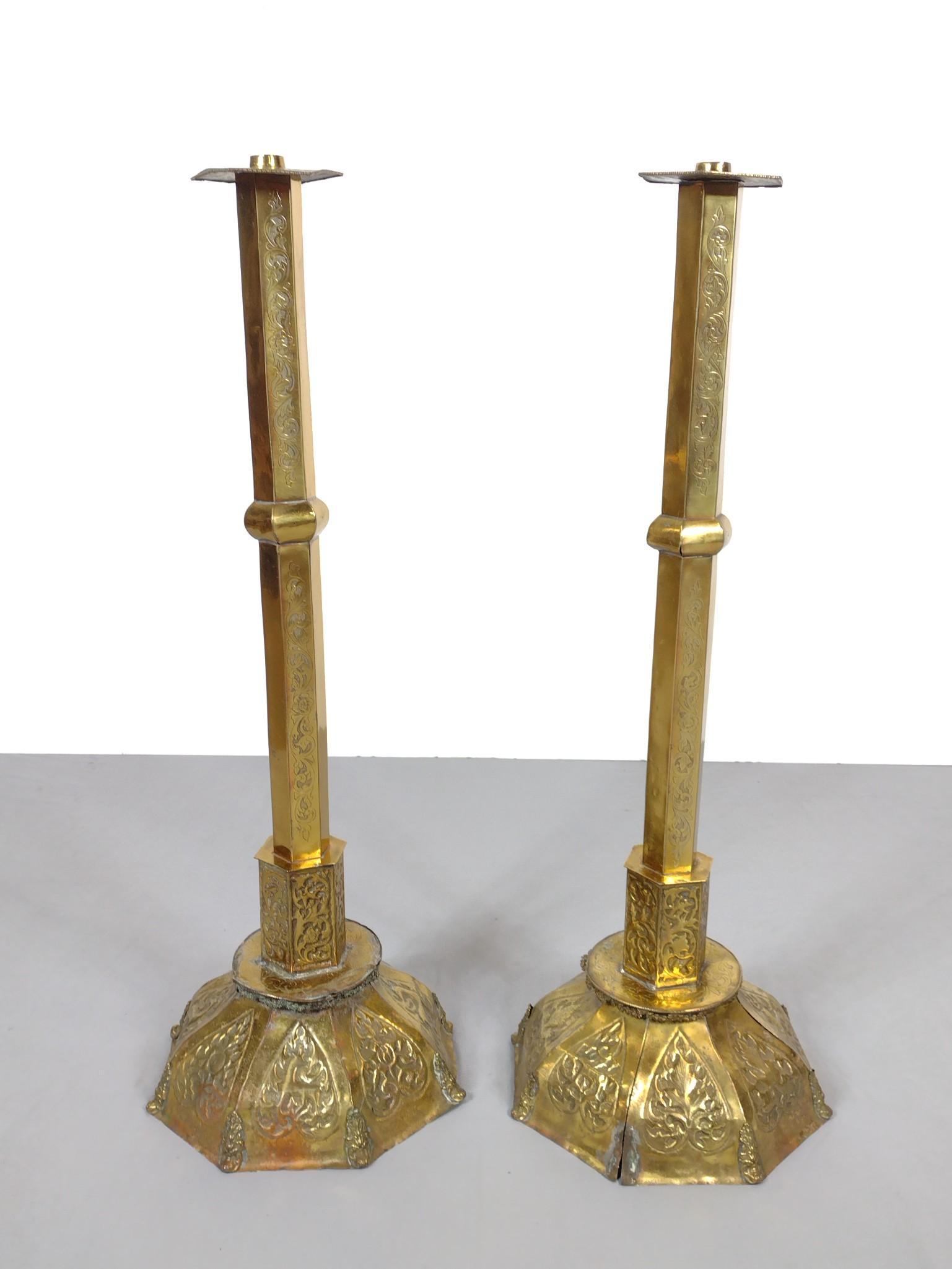 Pair 39" Hand Chased Brass Candle Stands (1 of 7)