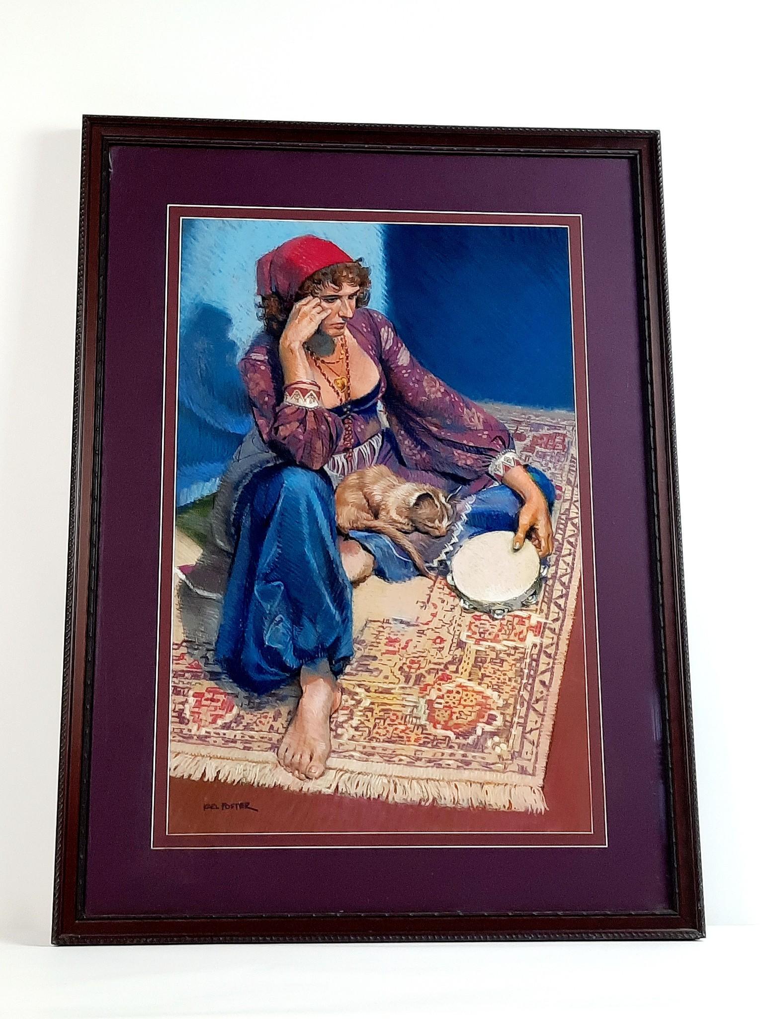 Karl Foster "Cat Gypsy" Pastel: Overall with frame 35-1/2" high x 25-3/4" wide. Karl Foster was one of the seven lively artist of Harrisburg. Foster was a consummate draftsman of the human figure and portraiture. His work is include
