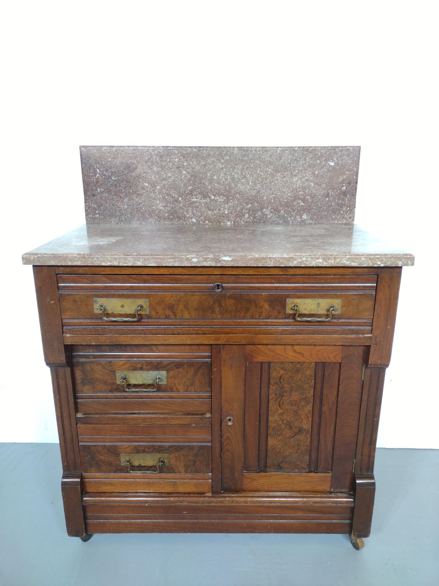 Marble Top Wash Stand: 29" wide X 17" deep X 36-1/4" high. Has a few light scratches. MG. IMPORTANT: Before bidding, please read the terms and conditions. When you registered for the auction you agreed to these terms and wi
