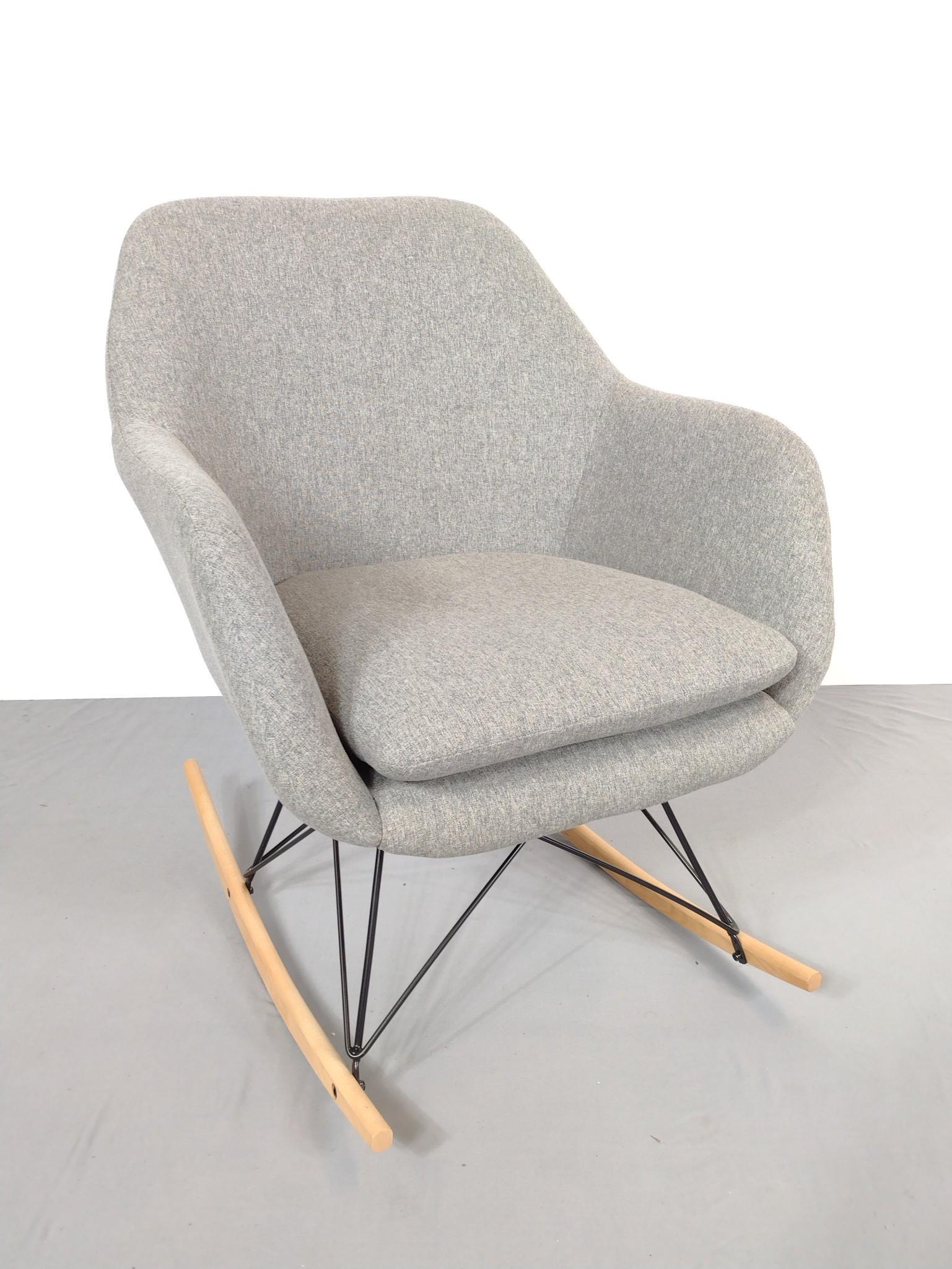 Mid-Century Style Rocking Chair: 25-1/2" wide X 29-1/2" deep X 33" high. MG. IMPORTANT: Before bidding, please read the terms and conditions. When you registered for the auction you agreed to these terms and will be required to compl