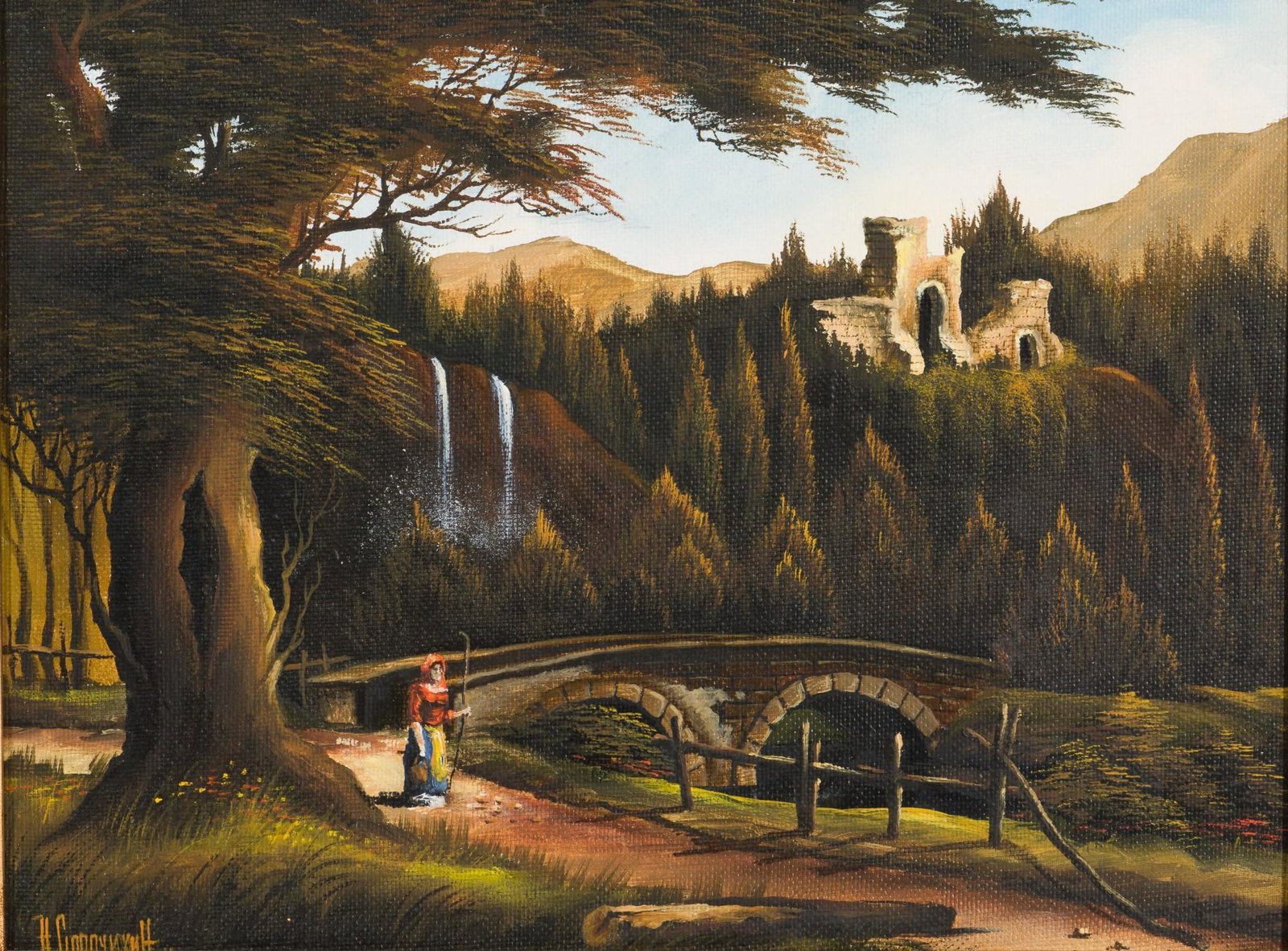 Russian Landscape Scene Oil on Canvas Signed N. Sorochechen: DESCRIPTION. Russian landscape scene with woman beside a bridge and waterfall. Signed N. Sorochechen in Cyrillic. Dated 1990. Oil on canvas. In carved gilt frame. MEASUREMENTS: 11-1/2" high x 15-1/2" 