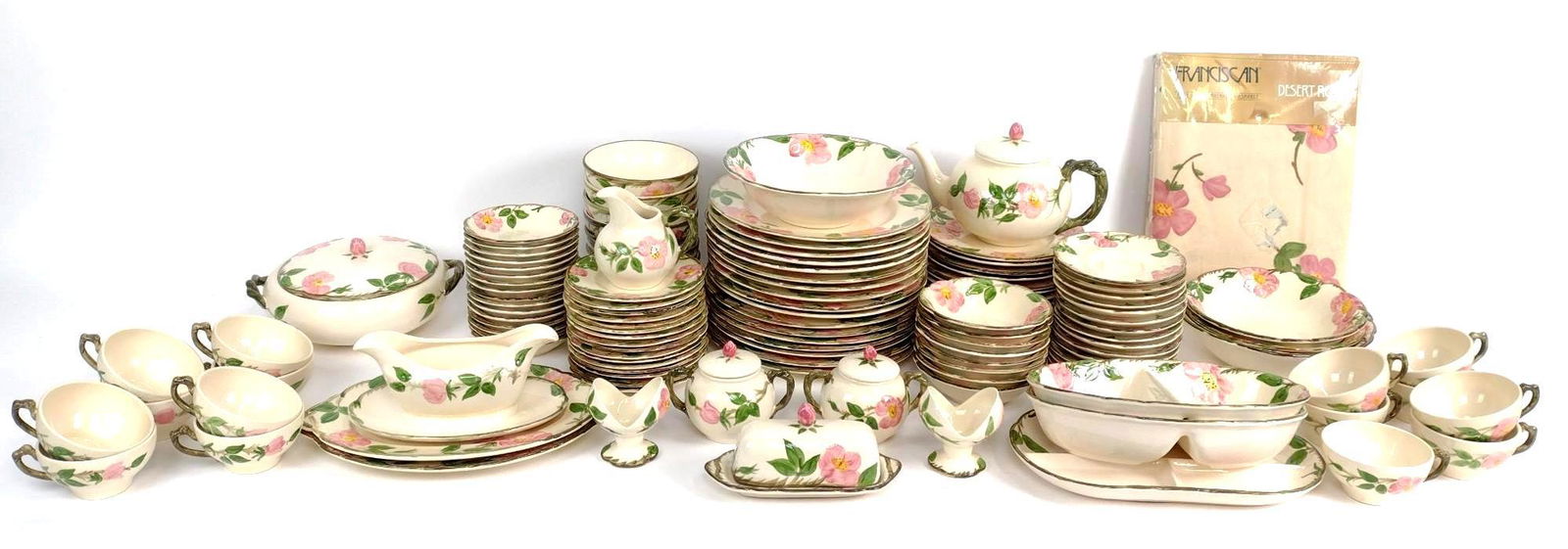 124 PC Franciscan Desert Rose Earthware: 10-1/2" diameter dinner plate. A few Pcs have small chips at edge. MG. IMPORTANT: Before bidding, please read the terms and conditions. When you registered for the auction you agreed to these terms an