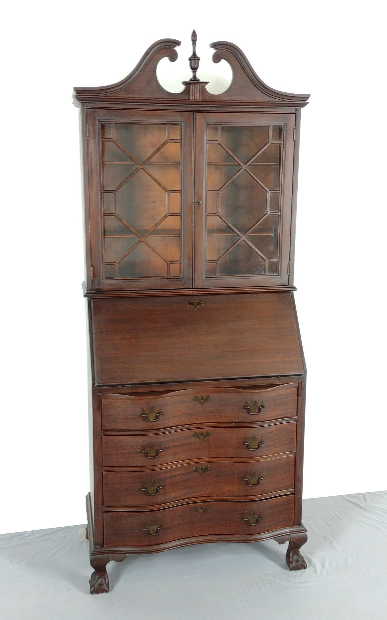 Secretary Desk: 32" wide X 17-1/2" deep X 78" high. Has some scratches. No manufactures name found. MG. IMPORTANT: Before bidding, please read the terms and conditions. When you registered for the auction you agreed 