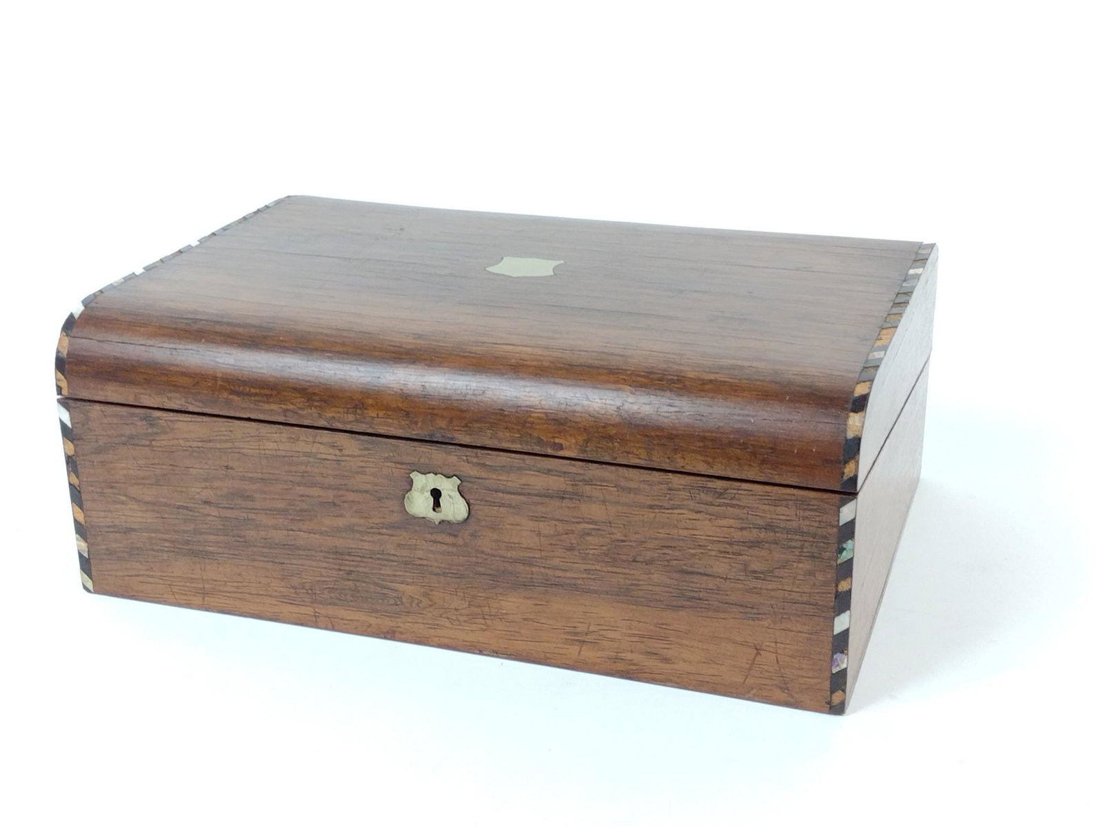 Antique Inlaid Lap Desk: Closed 13" wide x 9-1/2" deep x 5" high. Some losses. JB IMPORTANT: Before bidding, please read the terms and conditions. When you registered for the auction you agreed to these terms and will be requ