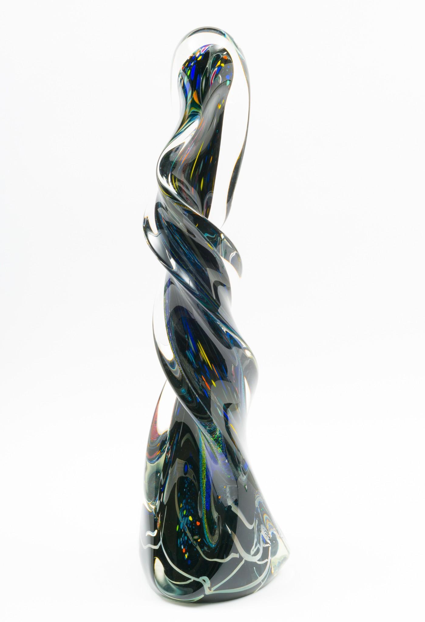 Rollin Karg (b. 1944, American, Kansas): DESCRIPTION: Monumental art glass sculpture. Rollin Karg (b. 1944, American, Kansas). Blown glass. Signed to bottom along edge and dated 1992. Rollin Karg started life as an industrial engineer, photo