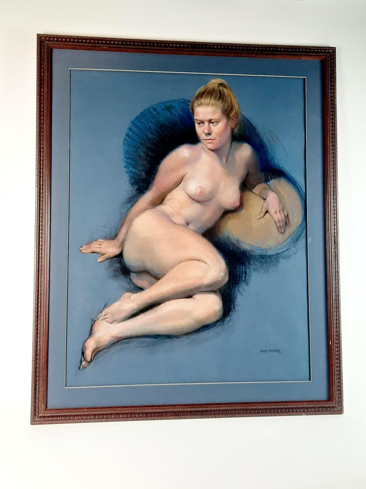 Karl Foster "Nude on Blue" Pastel: Overall with frame 42-3/4" high x 34-3/4" wide. Karl Foster was one of the seven lively artist of Harrisburg. Foster was a consummate draftsman of the human figure and portraiture. His work is include