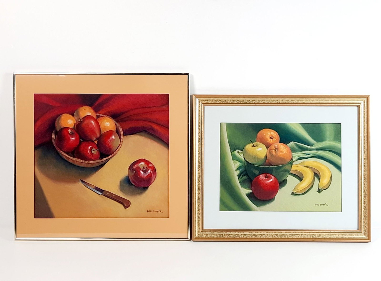 2 Karl Foster Fruit Still Life Pastels: Includes "Apples and Oranges" and "Fruit On Green Cloth". Overall with frame 18-1/2" to 21-1/2" high x 22-1/4" to 22-3/4" wide. Karl Foster was one of the seven lively artist of Harrisburg. Foster was