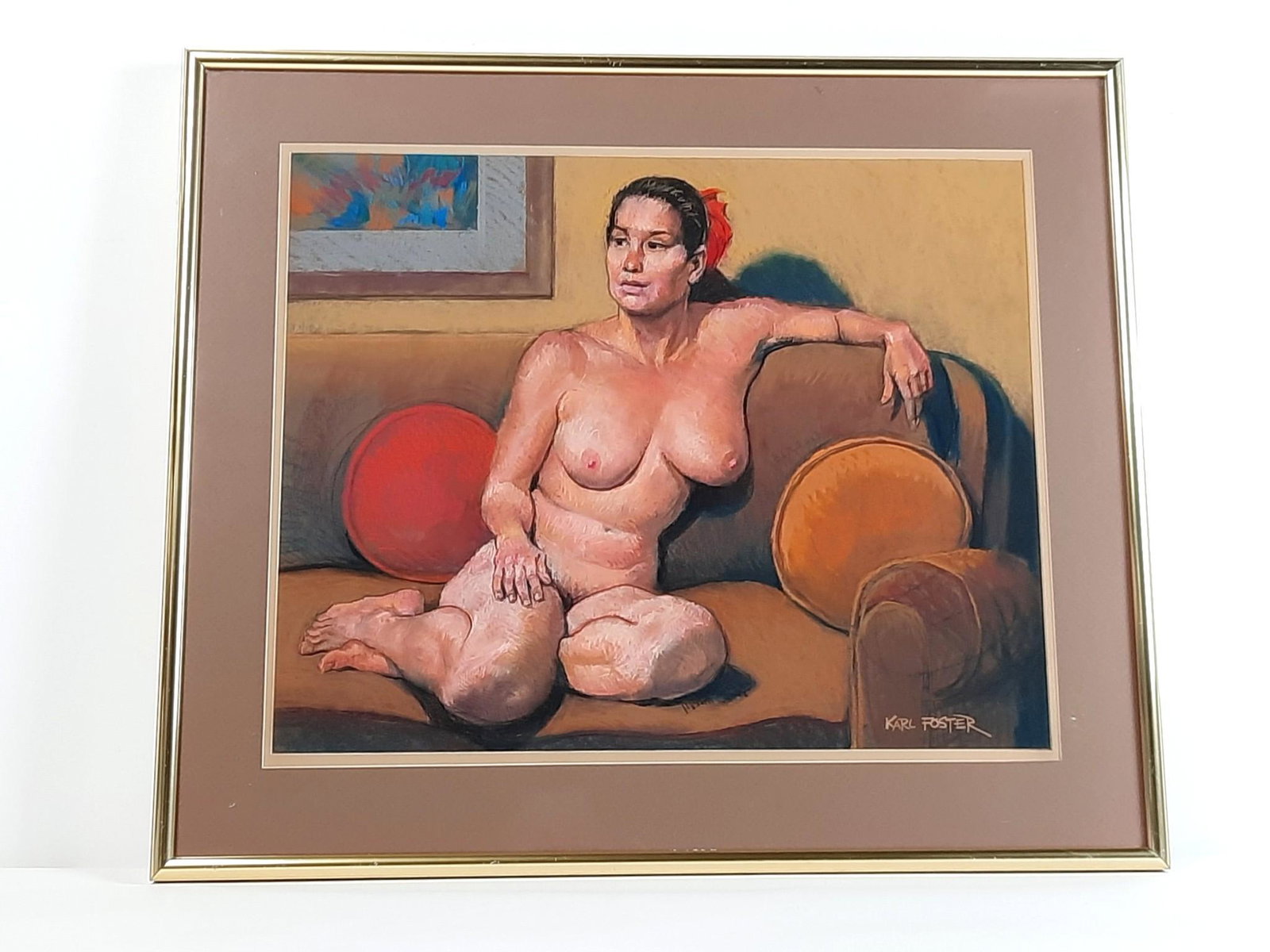 Karl Foster "Nude on Brown Couch" Pastel: Overall with frame 24-1/4" high x 28-1/4" wide. Karl Foster was one of the seven lively artist of Harrisburg. Foster was a consummate draftsman of the human figure and portraiture. His work is include