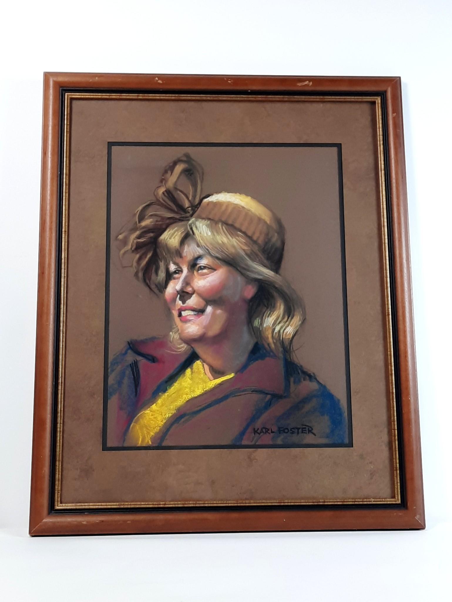 Karl Foster "Joyous Lady" Pastel: Overall with frame 32" high x 25-1/2" wide. Karl Foster was one of the seven lively artist of Harrisburg. Foster was a consummate draftsman of the human figure and portraiture. His work is included in