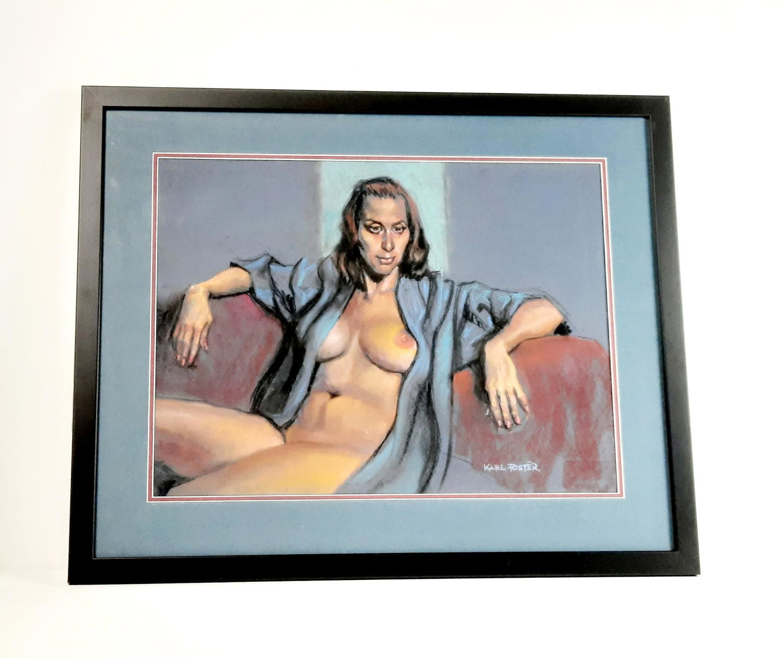 Karl Foster "Model in Robe" Pastel: Overall with frame 26" high x 32" wide. Karl Foster was one of the seven lively artist of Harrisburg. Foster was a consummate draftsman of the human figure and portraiture. His work is included in man