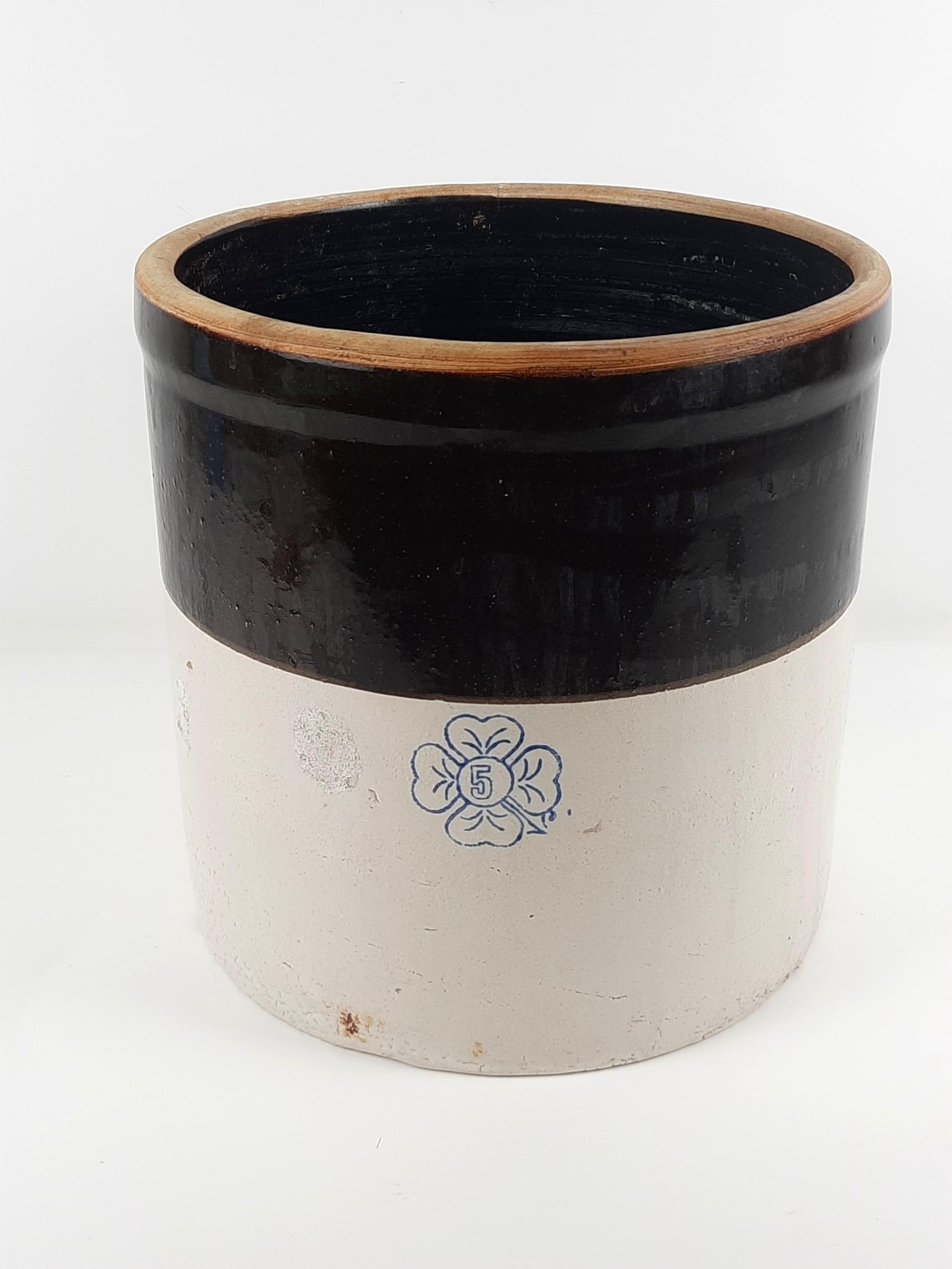 5 Gallon Miller Potter Shamrock: 12-1/4" diameter x 12-1/4' high. Minor losses around bottom edge. LR IMPORTANT: Before bidding, please read the terms and conditions. When you registered for the auction you agreed to these terms and 
