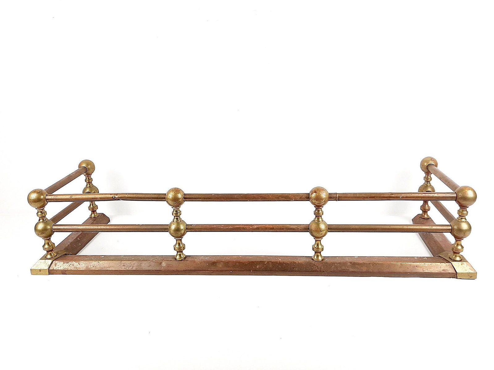 Brass Fire Fender: Unmarked. 42" wide x 13-1/4" deep x 8-1/2" high. Some rust and oxidation. LR IMPORTANT: Before bidding, please read the terms and conditions. When you registered for the auction you agreed to these te