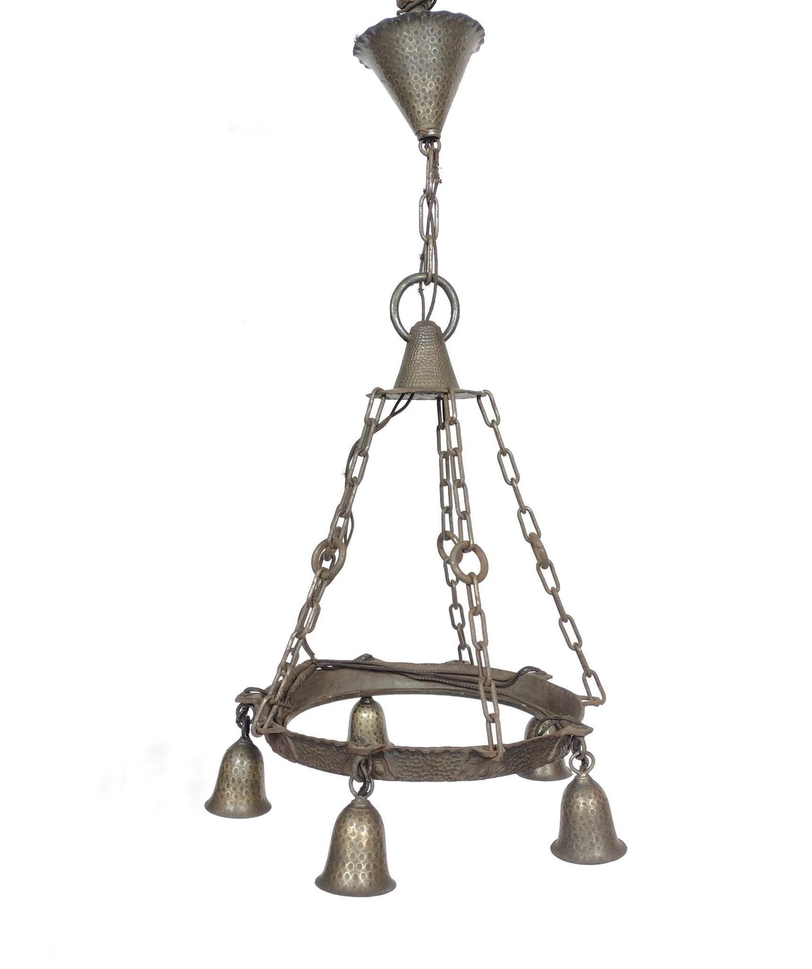 Hammered Metal Hanging Light: 17" diameter X 34" high. No manufactures name found. Needs rewired. MG. IMPORTANT: Before bidding, please read the terms and conditions. When you registered for the auction you agreed to these terms a