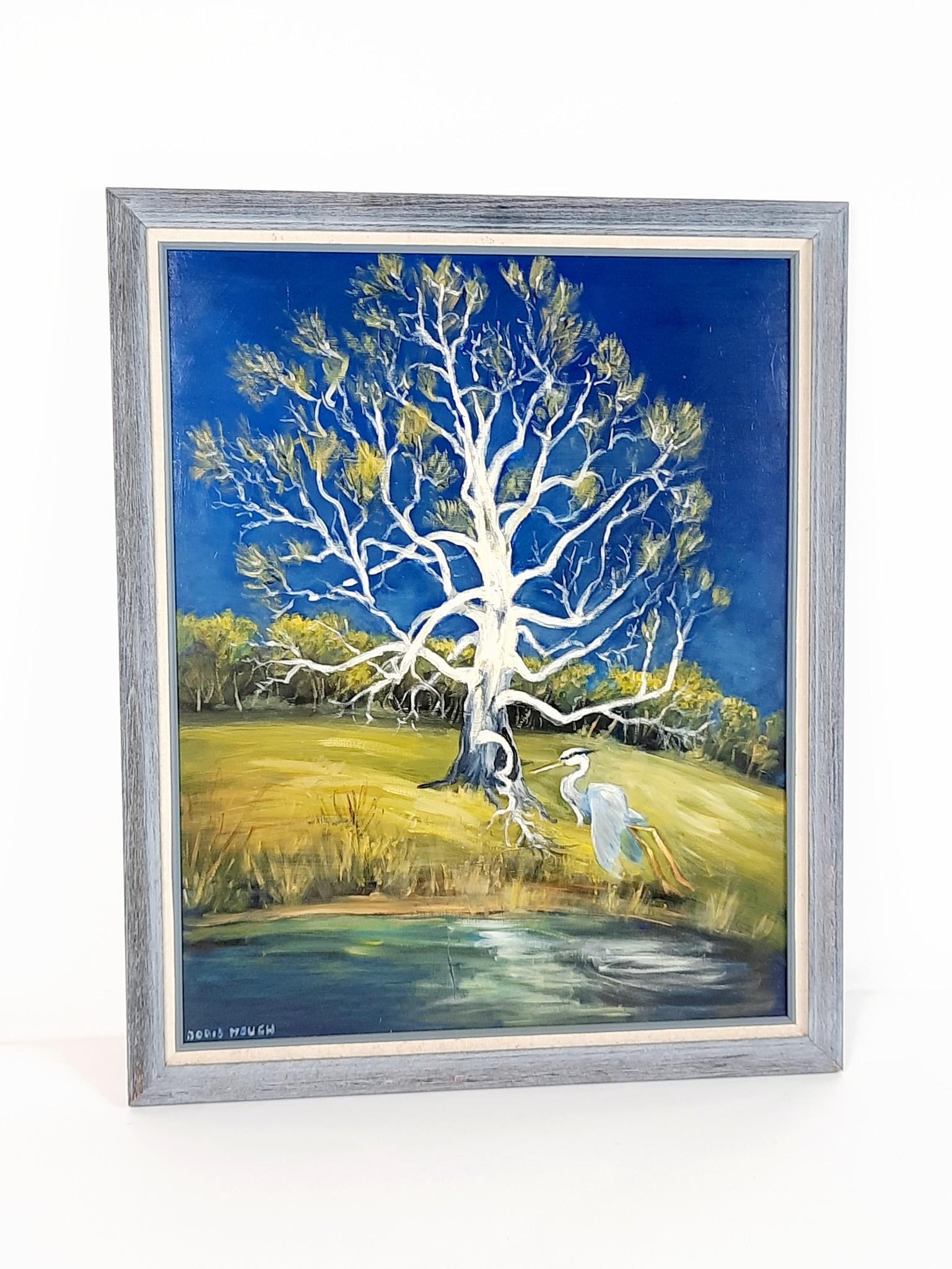 Doris Hough Tree and Crane Painting: Overall with frame 22-1/4" high x 18-1/4" wide. LR IMPORTANT: Before bidding, please read the terms and conditions. When you registered for the auction you agreed to these terms and will be required t