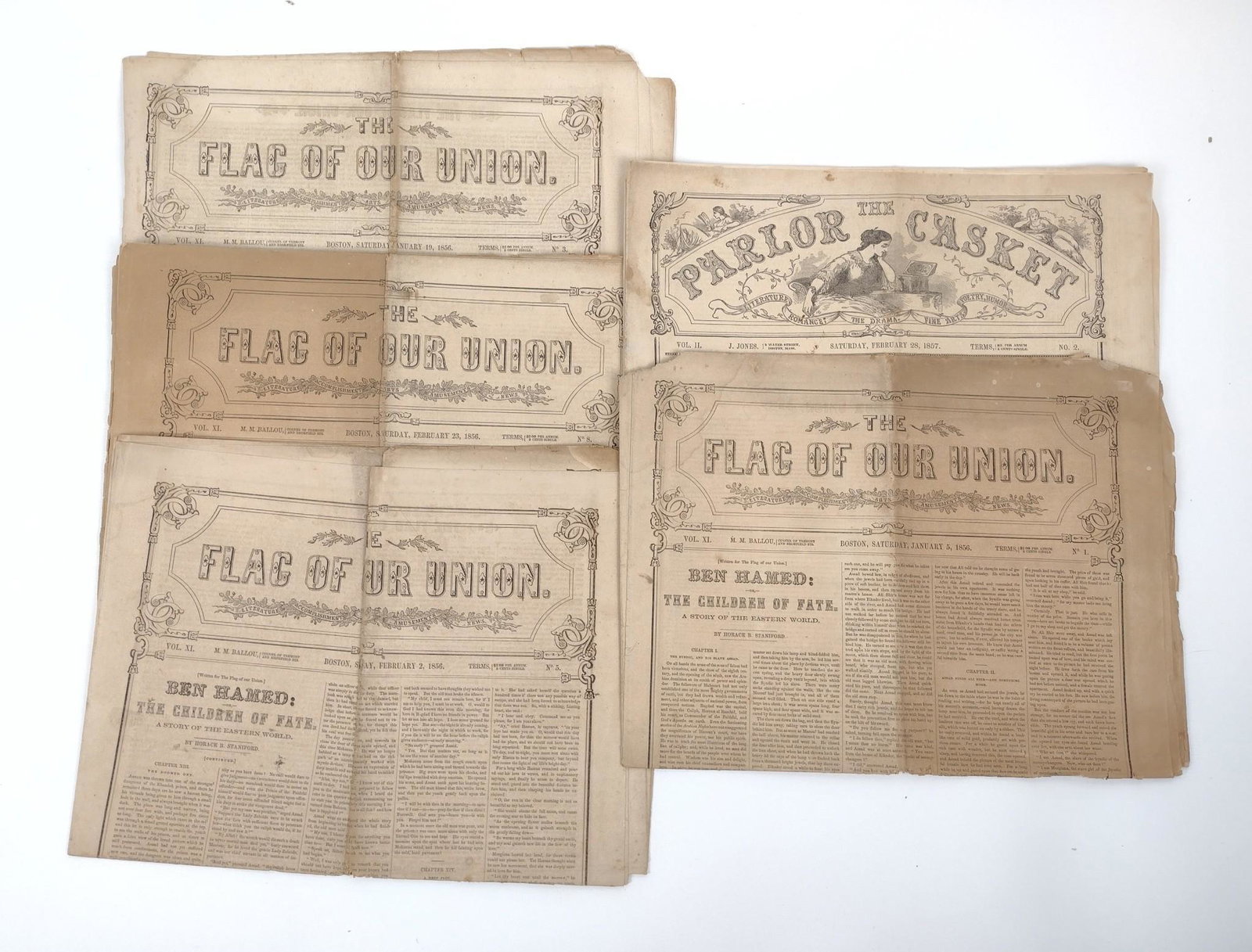 (5) 1865-1857 Newspapers incl Flag of our Nation: Also includes The Parlor Casket. MEG IMPORTANT: Before bidding, please read the terms and conditions. When you registered for the auction you agreed to these terms and will be required to comply with 