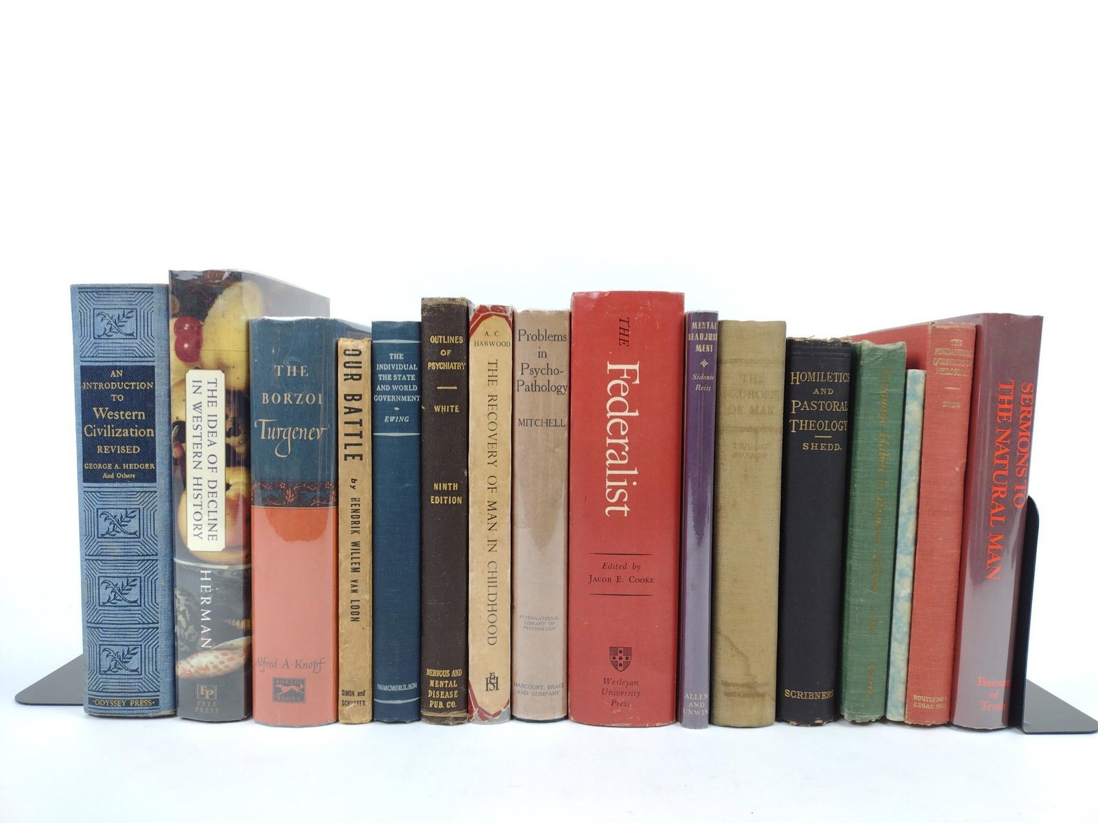 16 Books Incl Outlines Of Psychopathology: Includes Problems in Psycho-Pathology. Mitchell. 1927; The Recovery of Man in Childhood. Harwood. 1958; Outlines of Psychiatry. White. 1923; The Borzoi. Turgenev Stevens. 1950; Our Battle. Van Loon. 1