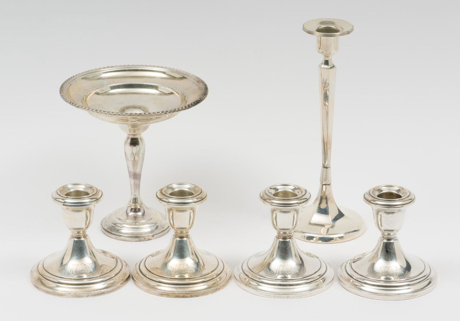 6 Weighted Sterling Items Including Candlesticks (1 of 11)