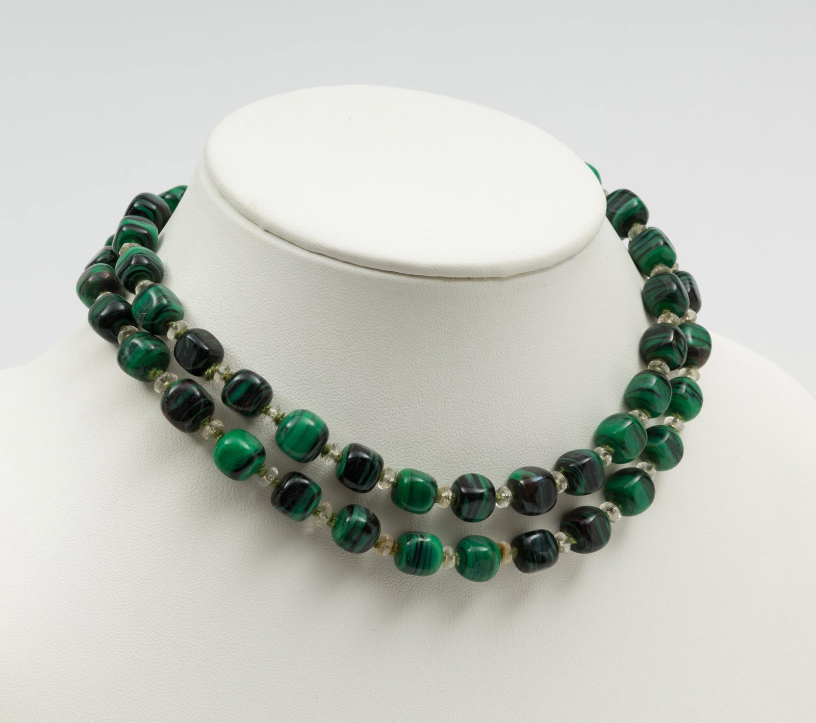 Malachite Style Glass Bead Necklace: Approx 39" in length. Beads 8-1/2 to 9-1/2 mm. Double strand. One strand needs repaired. DC/ML IMPORTANT: Before bidding, please read the terms and conditions. When you registered for the auction you 