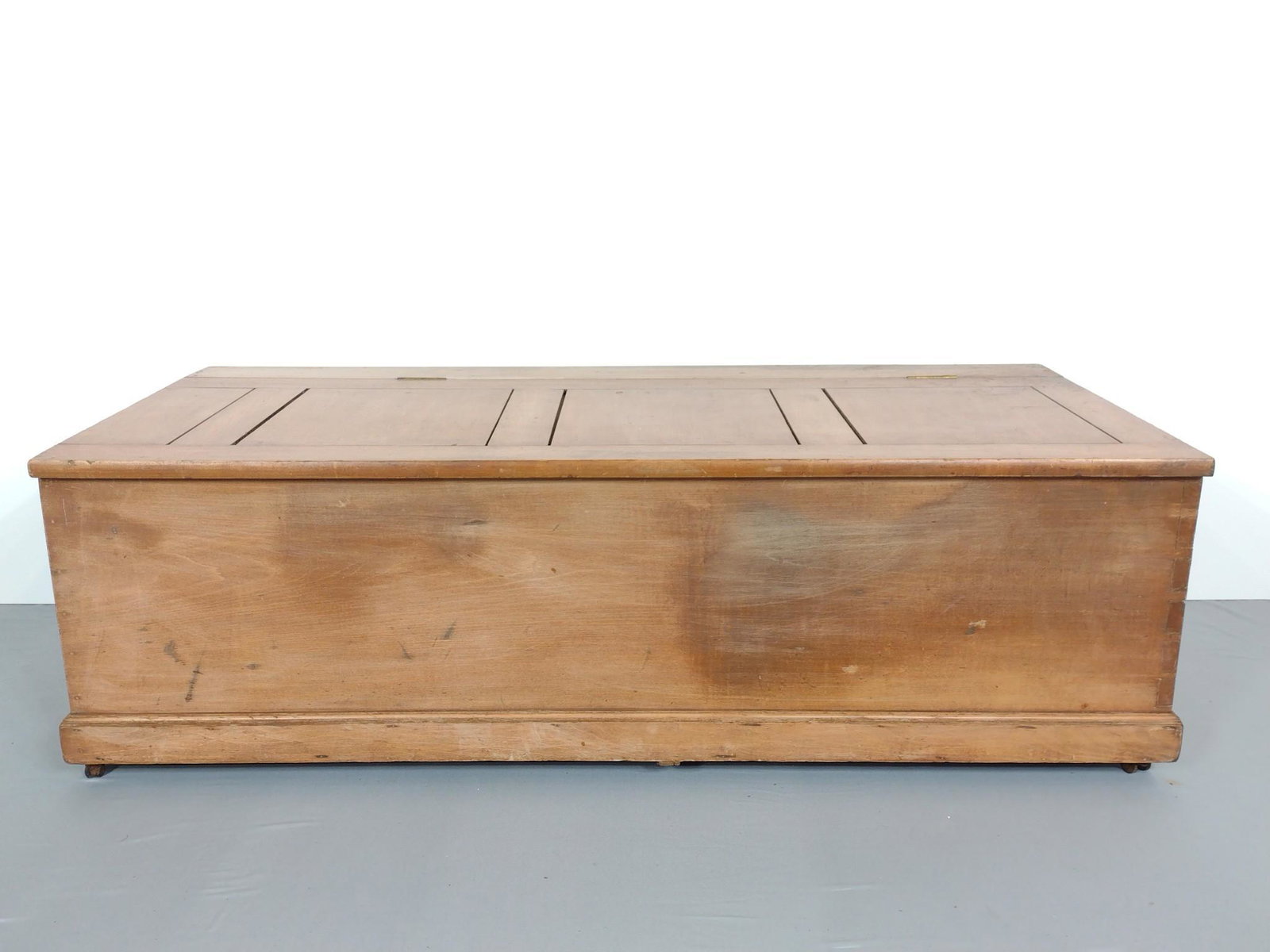 Blanket Chest: 54-1/2" wide X 24" deep X 17-1/2" high. Has some scratches and discoloring. MG. Provenance: From the estate of Mary Trost who last resided in the multi generational family home located in Clarks Valle