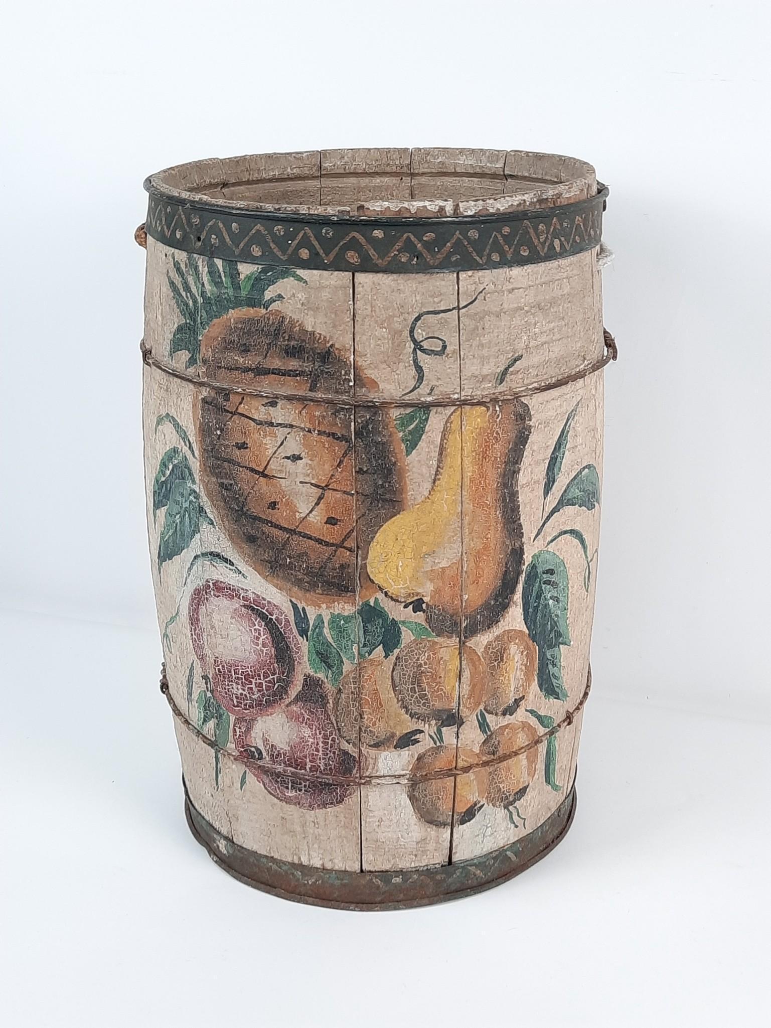 Folk Art Painted Nail Keg: Unsigned. 12" diameter x 16-1/2" high. LR Provenance: From the estate of Mary Trost who last resided in the multi generational family home located in Clarks Valley, Dauphin (Harrisburg) Pennsylvania. 