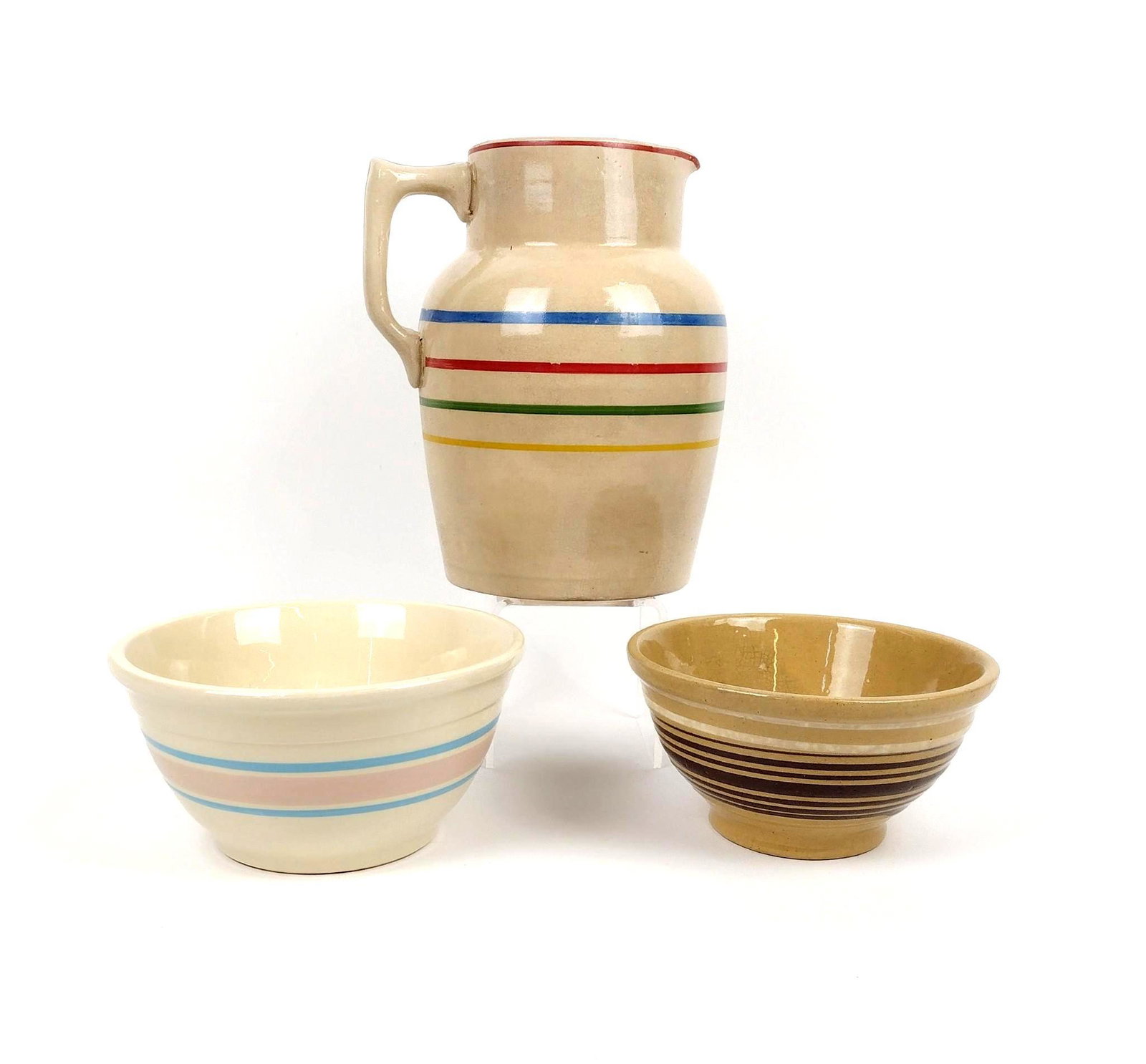 3 Pcs Banded Bowls and Pitcher: Bowls: 7-1/4" to 8-1/4" diameter. MEG Provenance: From the estate of Mary Trost who last resided in the multi generational family home located in Clarks Valley, Dauphin (Harrisburg) Pennsylvania. Mrs.