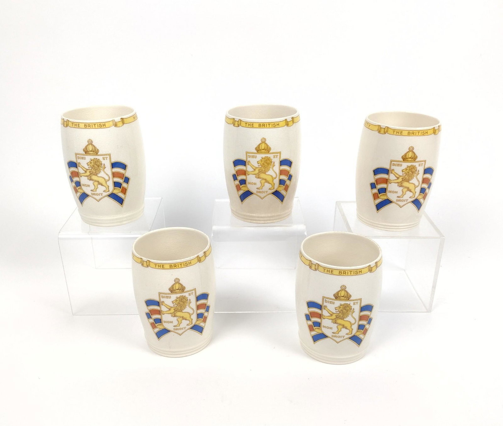 5 Copeland Spode British War Relief Society Cups: 3" diameter X 4-1/2" high. MEG Provenance: From the estate of Mary Trost who last resided in the multi generational family home located in Clarks Valley, Dauphin (Harrisburg) Pennsylvania. Mrs. Trost 