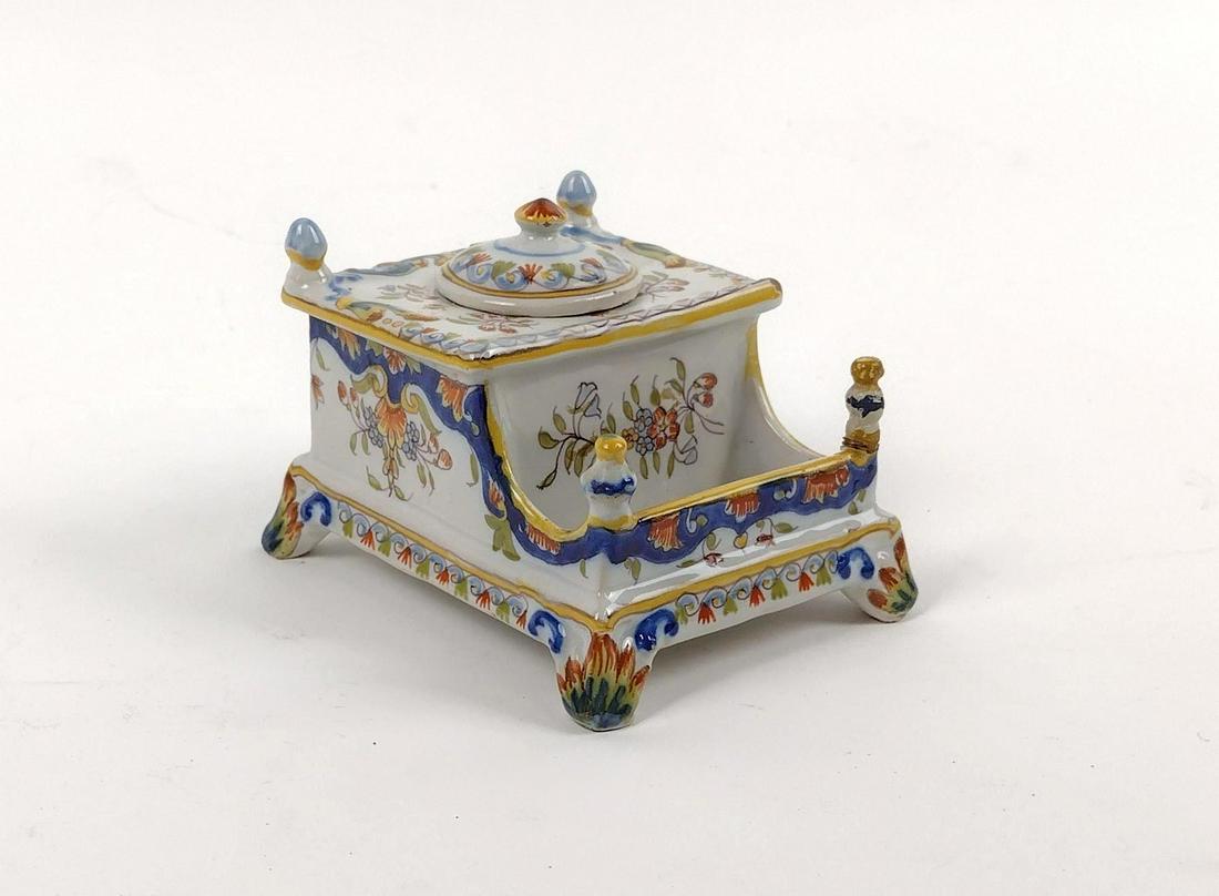 Hand-Painted Inkwell: 4" wide X 5" deep X 3-1/4" high. MEG Provenance: From the estate of Mary Trost who last resided in the multi generational family home located in Clarks Valley, Dauphin (Harrisburg) Pennsylvania. Mrs. 