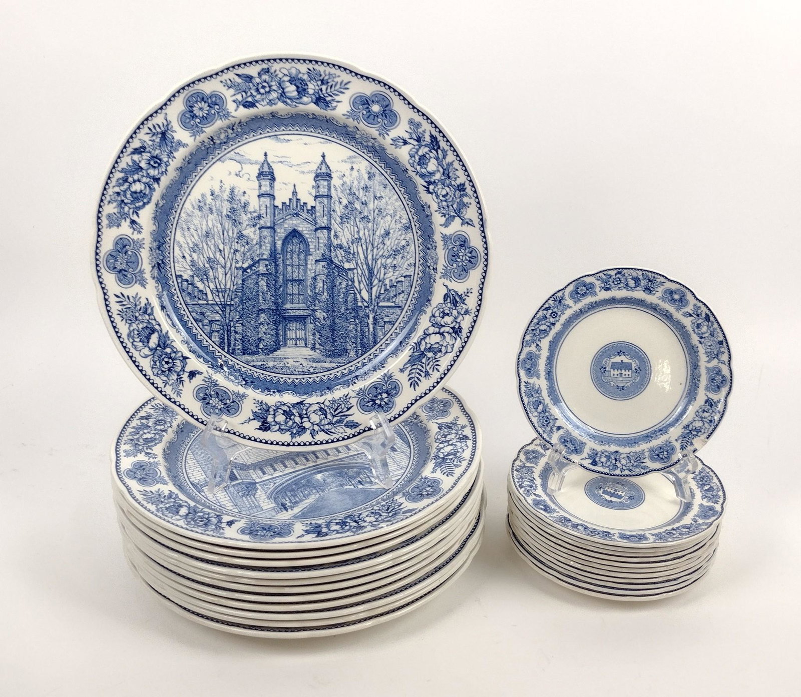 24 Pcs Wedgwood Yale Plates: 6" to 10-1/2" diameter. MEG Provenance: From the estate of Mary Trost who last resided in the multi generational family home located in Clarks Valley, Dauphin (Harrisburg) Pennsylvania. Mrs. Trost was