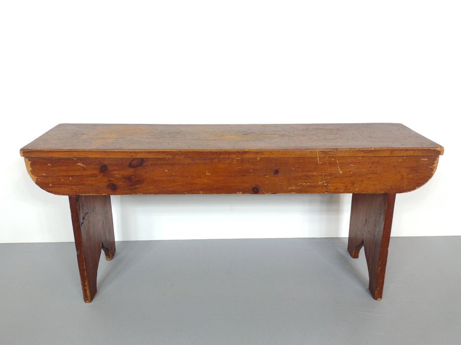 Bench: 42" wide X 11-1/2" deep X 18" high. Has some scratches and discoloring. MG. Provenance: From the estate of Mary Trost who last resided in the multi generational family home located in Clarks Valley, D