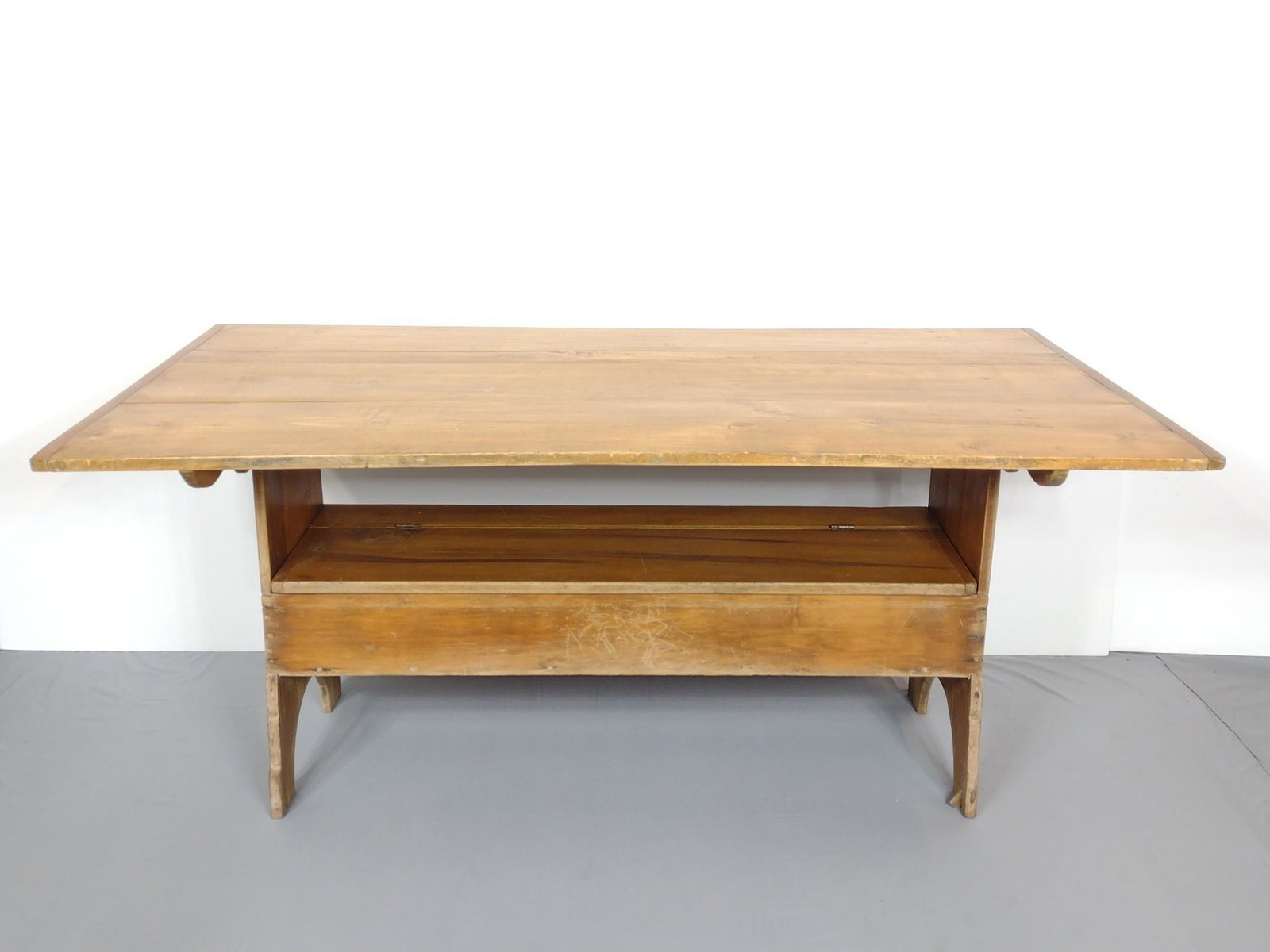 Hutch Table: 66" wide X 35" deep X 28-1/2" high. Has some scratches and finish loss. MG. Provenance: From the estate of Mary Trost who last resided in the multi generational family home located in Clarks Valley, D