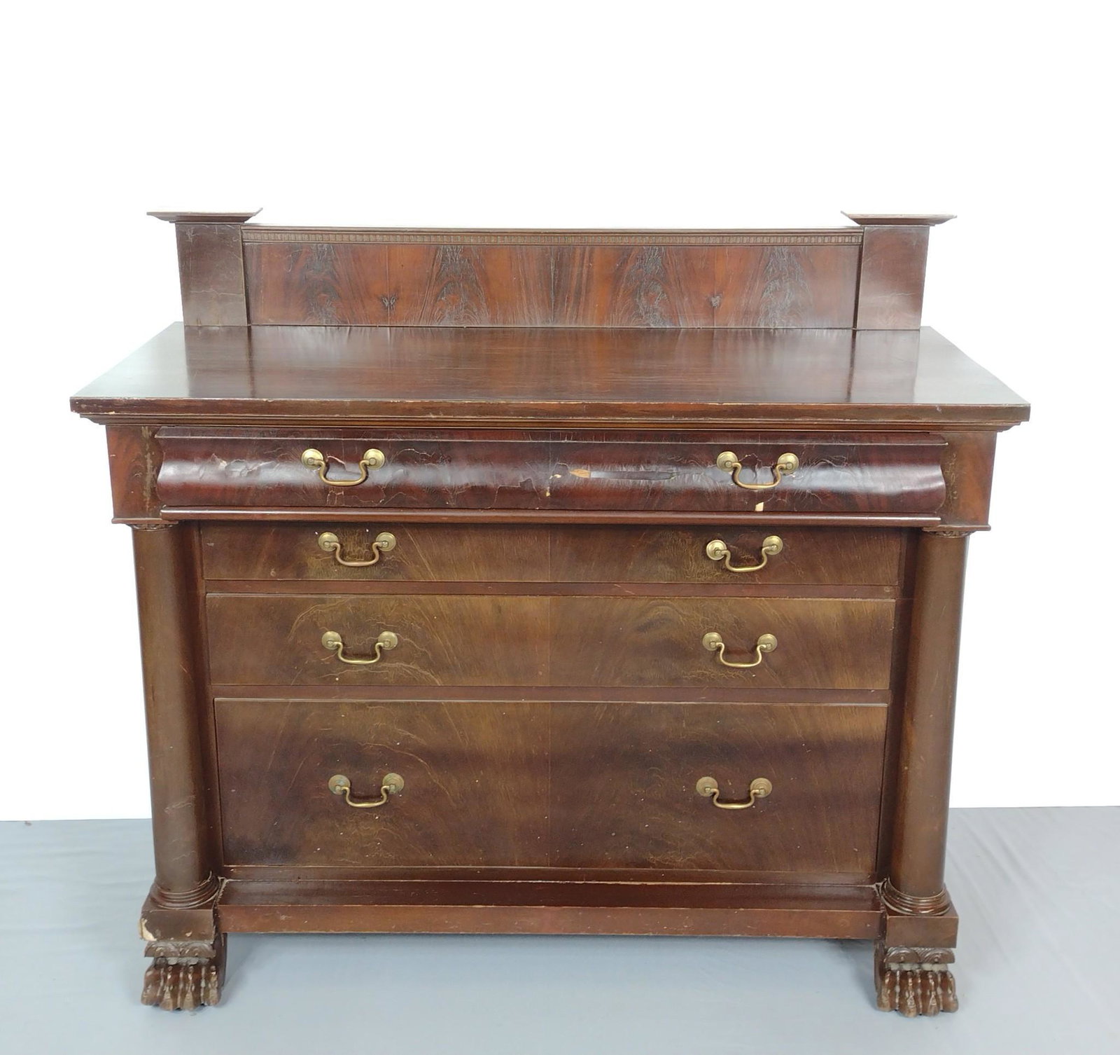 Antique Chest with Claw Feet: 46" wide X 20" deep X 41-1/2" high. Veneer pealing in areas. Also has scratches and discoloring. MG. Provenance: From the estate of Mary Trost who last resided in the multi generational family home lo